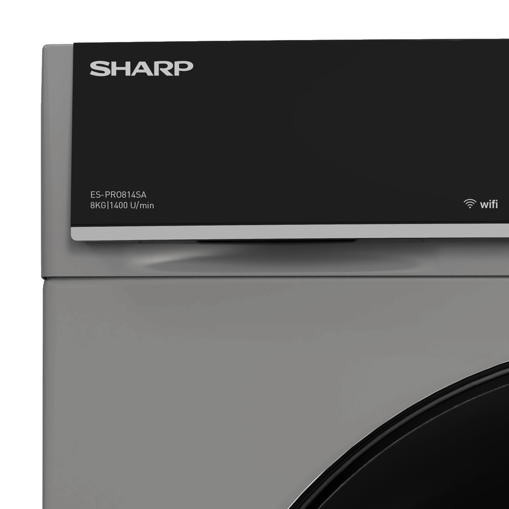 Nahaufnahme des Bedienfelds einer grau-schwarzen Waschmaschine, Marke SHARP, mit WLAN-Symbol.