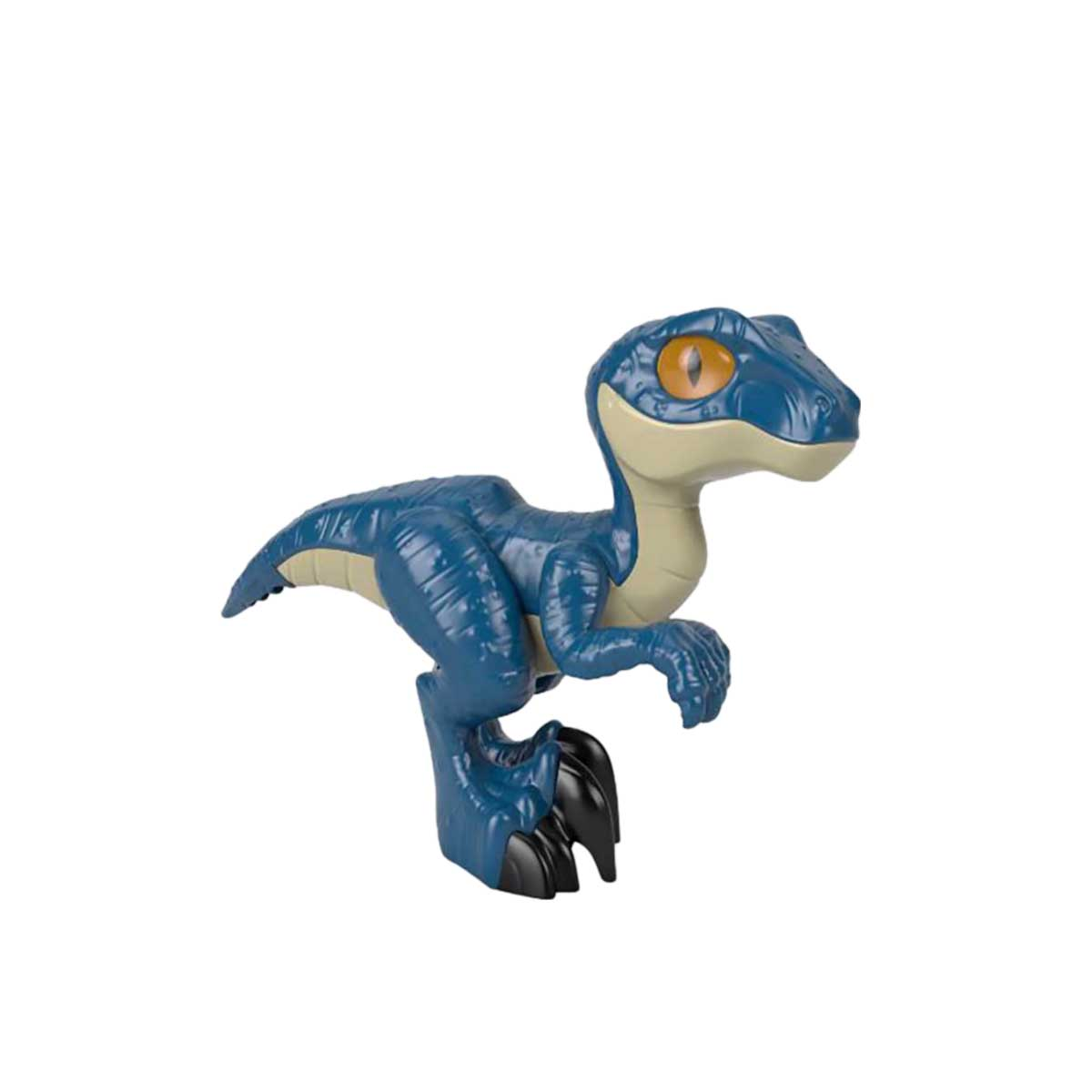 Ein blaues Velociraptor-Spielzeug. Es hat orange Augen. Es steht auf zwei Beinen mit schwarzen Krallen. Beiger Bauch.