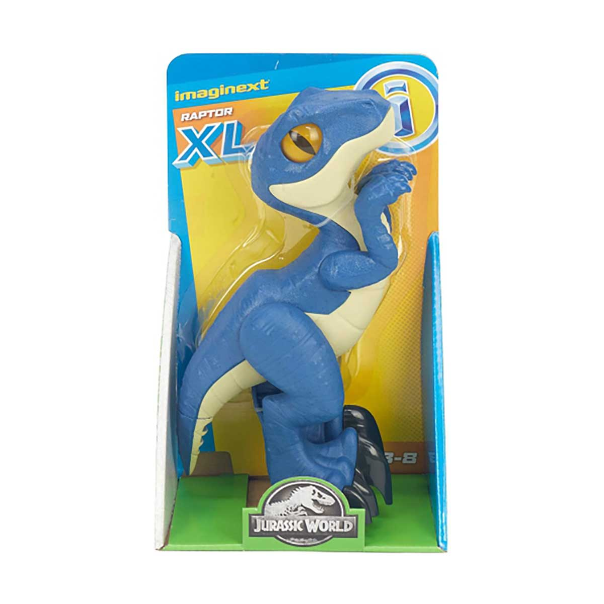 Ein blaues Dinosaurier-Spielzeug in einer Verpackung. Das Spielzeug ist ein Raptor XL von Imaginext Jurassic World.