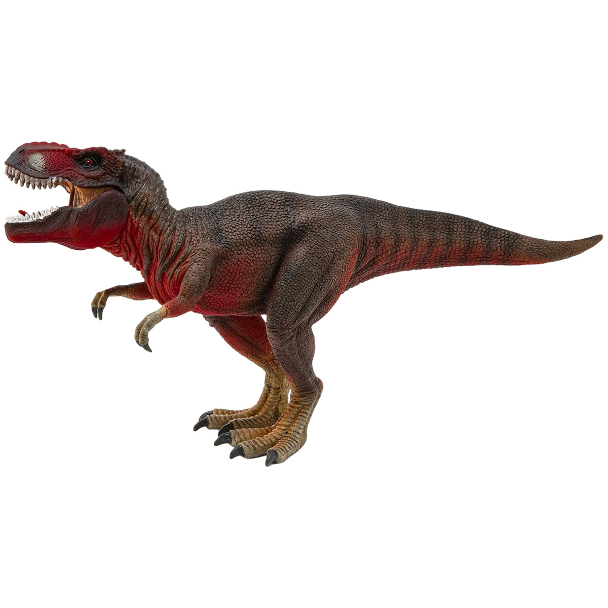 Un giocattolo di dinosauro T-Rex rosso con la bocca aperta, che mostra i denti. Sfondo bianco.