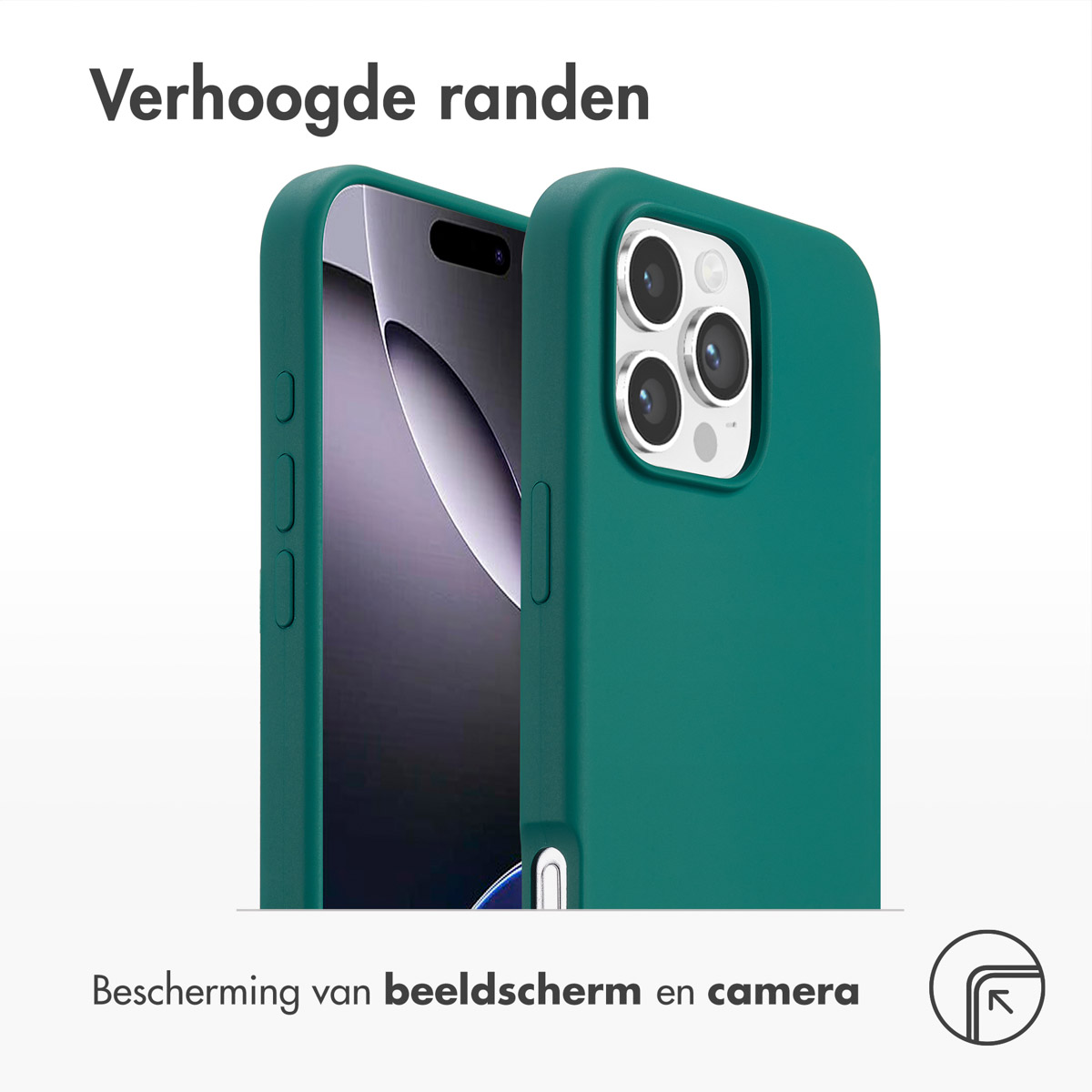 Coque de téléphone, couleur verte, avec bords surélevés. Texte : Protection de l'écran et de la caméra.
