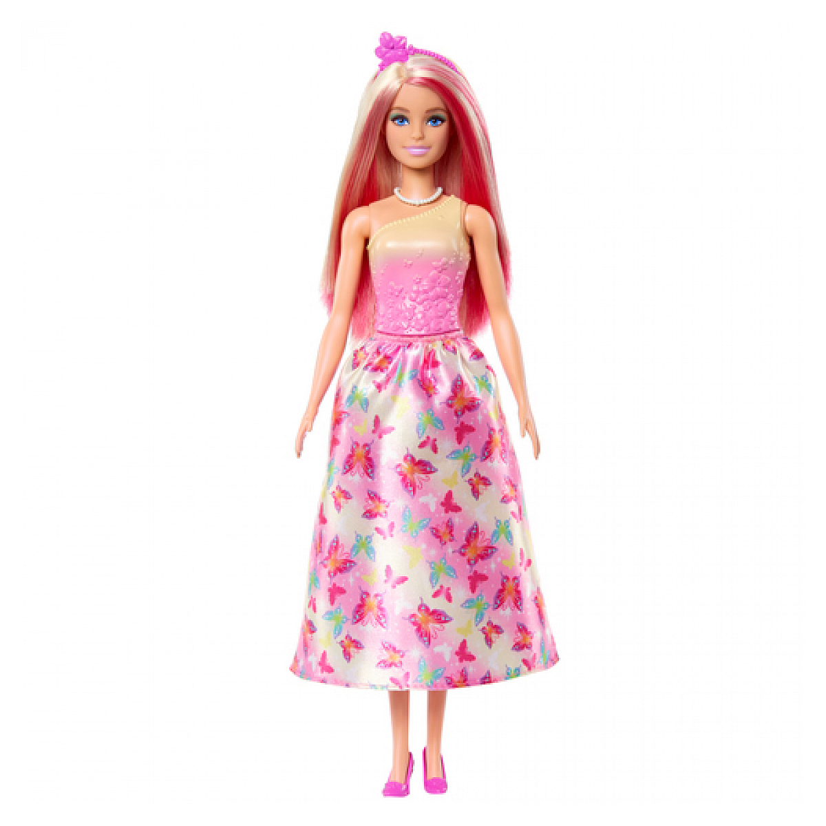 Barbie-Puppe in rosa Kleid mit Schmetterlingsdruck. Langes blondes Haar mit rosa Highlights. Sie lächelt.