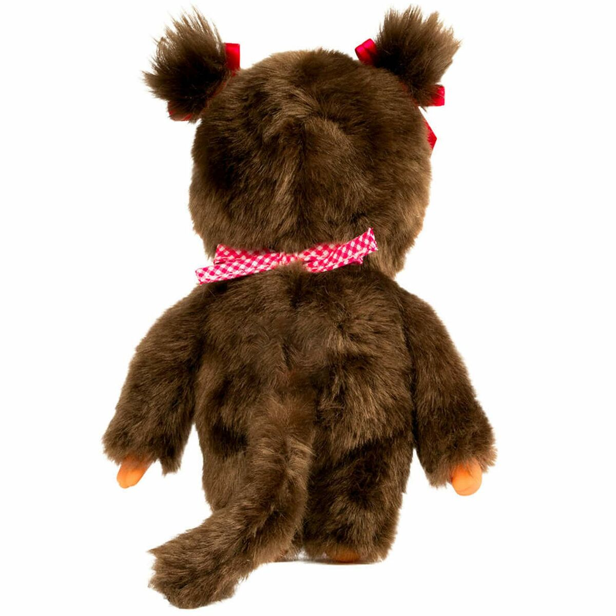 Eine braune Teddybär-Puppe mit roten Schleifen, einer rosa Fliege und orangefarbenen Füßen.