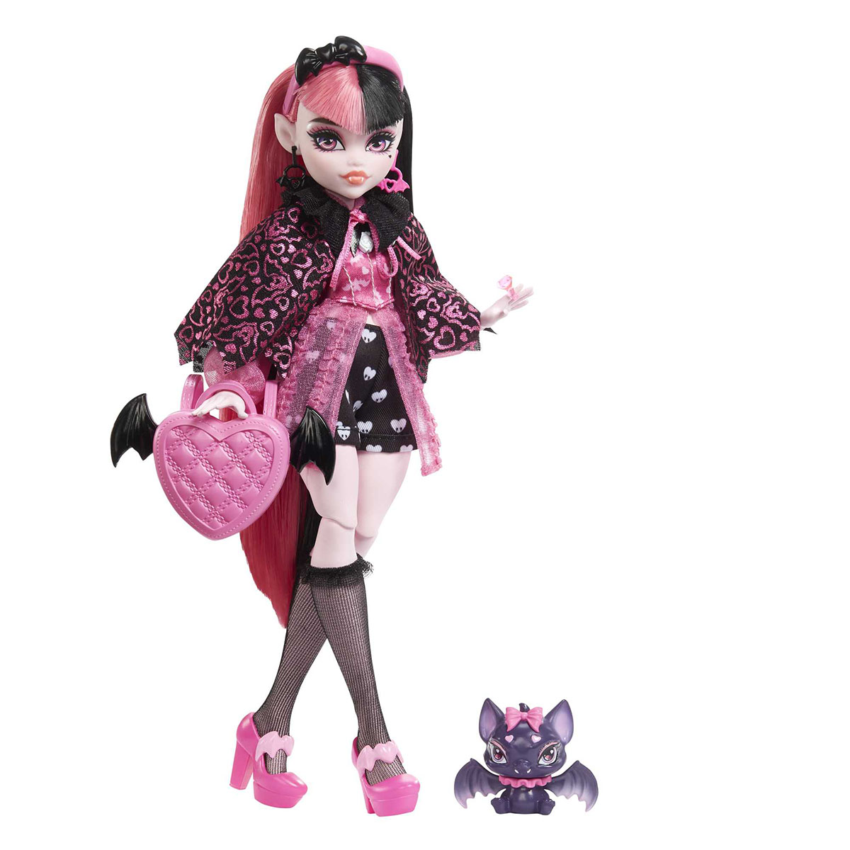 Puppe mit pink-schwarzen Haaren, Handtasche haltend, und Fledermausfigur.