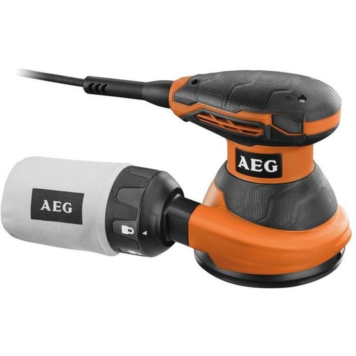 Levigatrice arancione e nera con sacco raccoglipolvere bianco, marchio AEG.