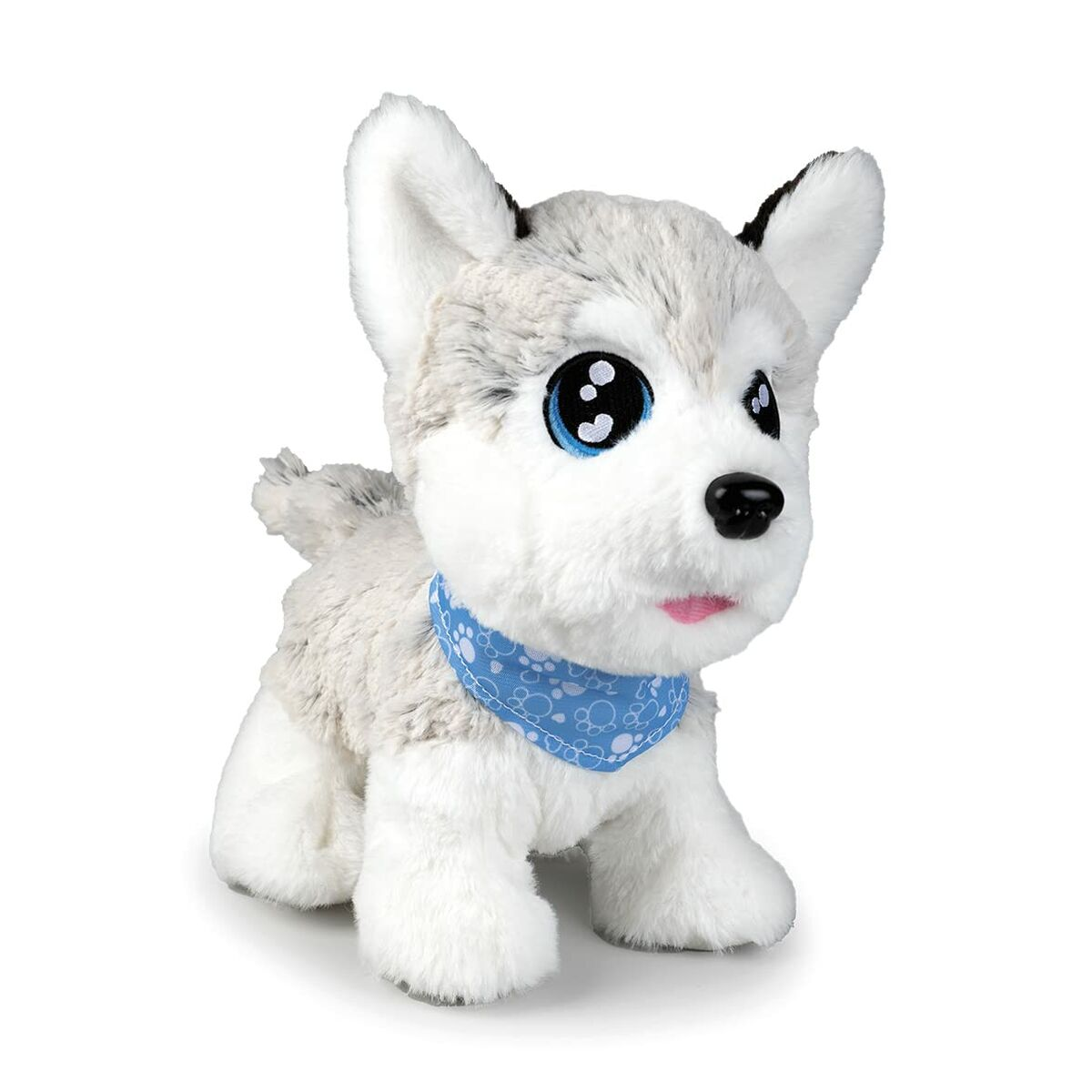 Plüsch-Husky-Welpenspielzeug mit blauen Augen und einem blauen Halstuch.