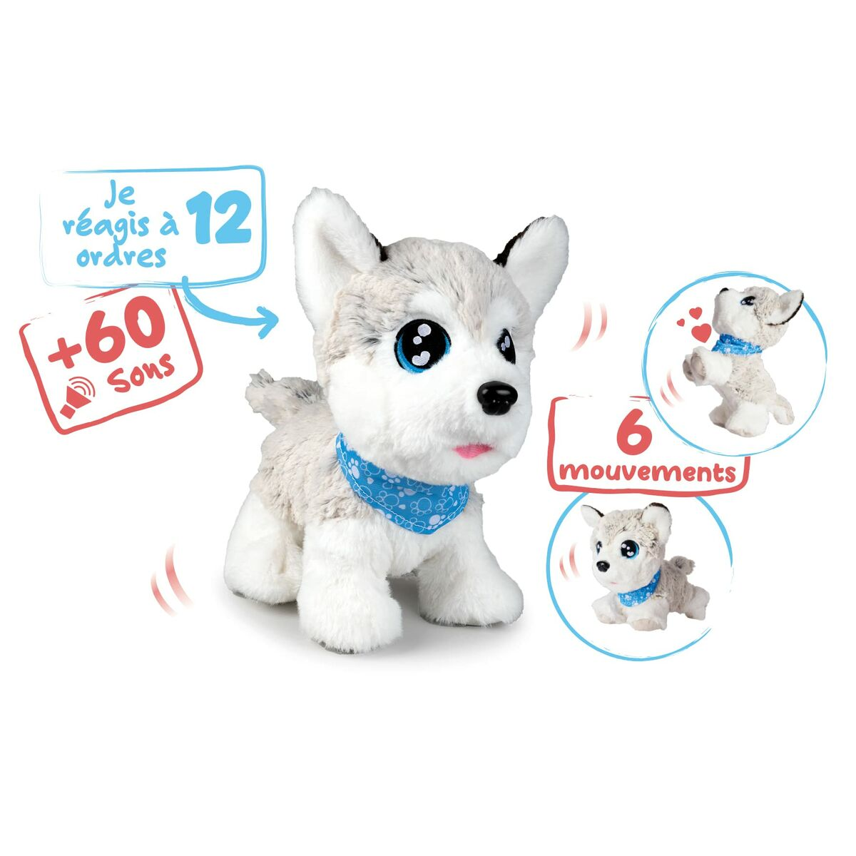 Ein Plüsch-Husky-Hundespielzeug mit blauem Schal, mit Abbildungen von Geräuschen und Bewegungen.