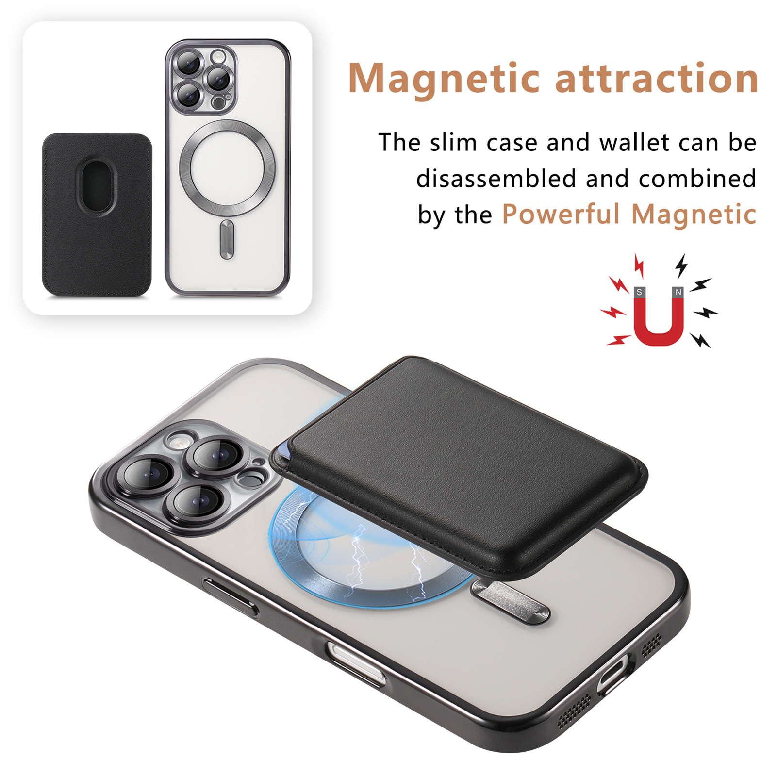 Un telefono con custodia e portafoglio collegati da un magnete.