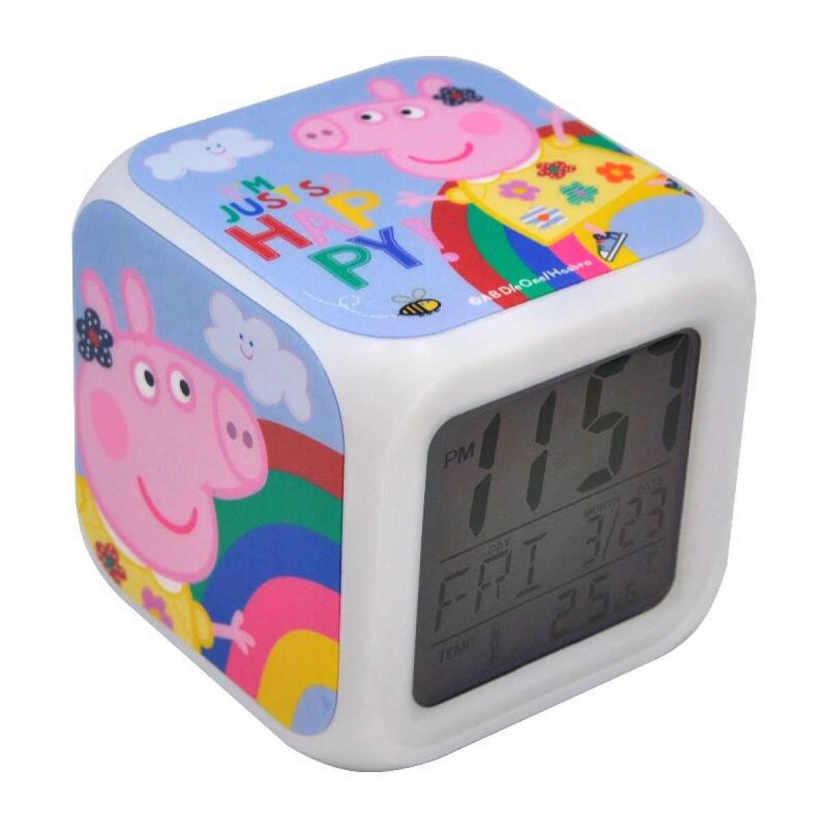 Una sveglia a forma di cubo con immagini di Peppa Pig su più lati, che mostra l'ora e la data.