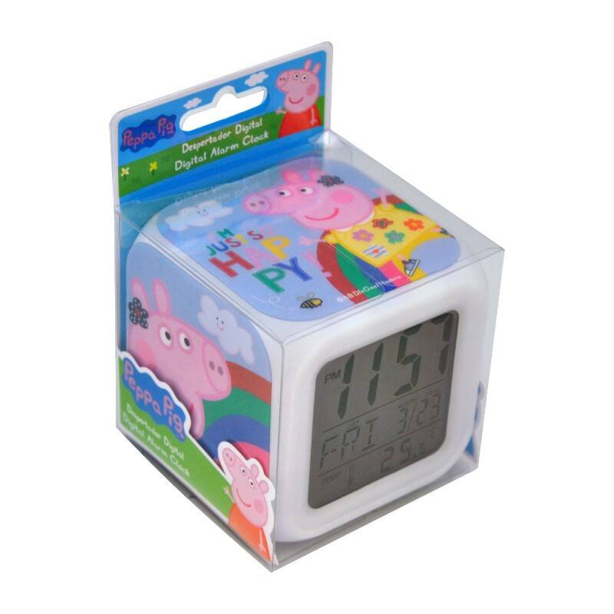 Sveglia digitale Peppa Pig in una scatola. Il quadrante mostra l'ora e la data.