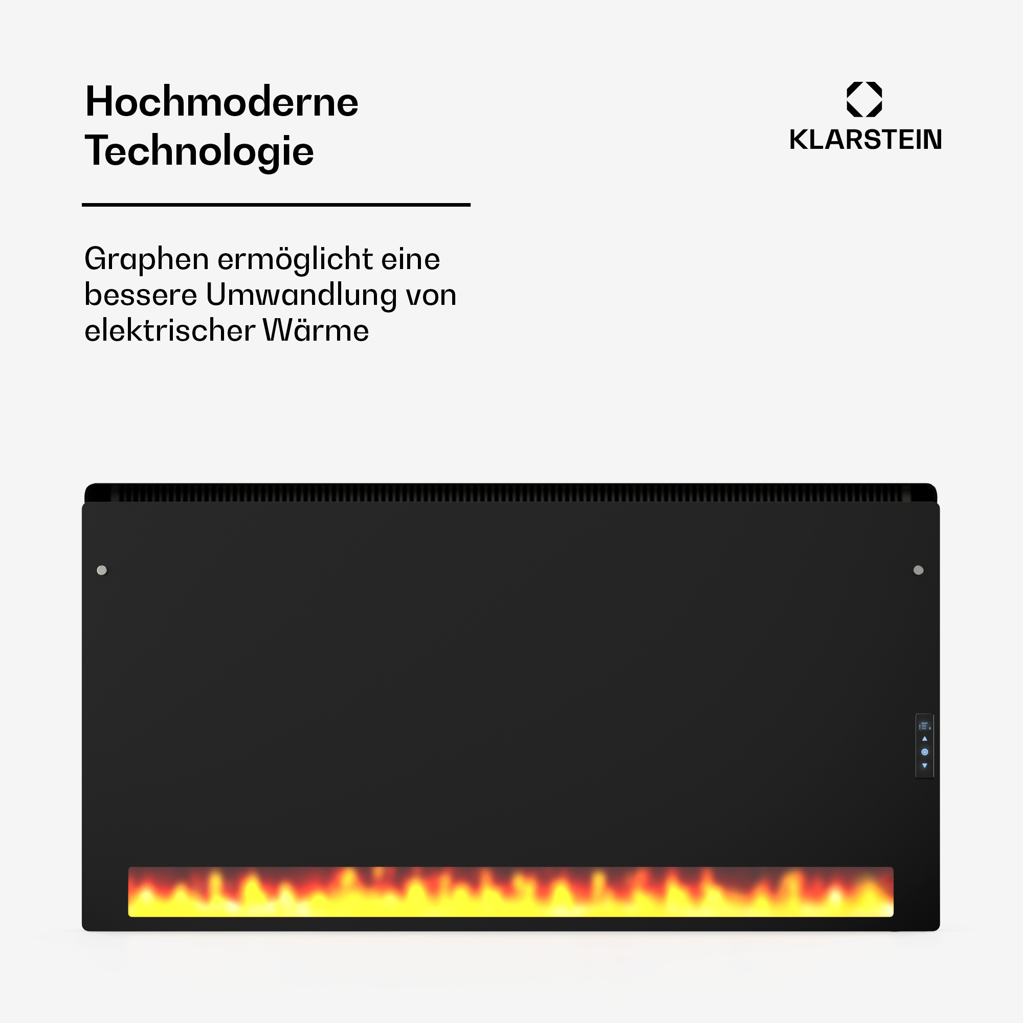Schwarzer Elektrokamin mit Flammen. Text: Moderne Technologie. Graphen ermöglicht bessere Wärmeumwandlung.