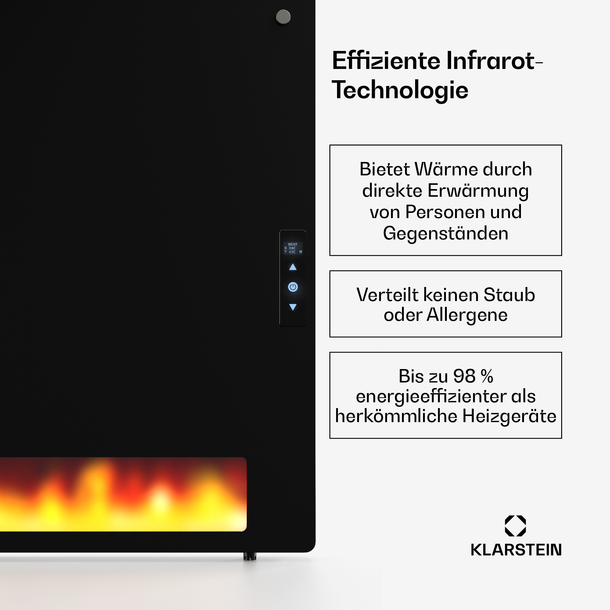 Ein schwarzer Heizlüfter mit Textblasen, die seine Eigenschaften beschreiben. Es hat ein flammenartiges Design.