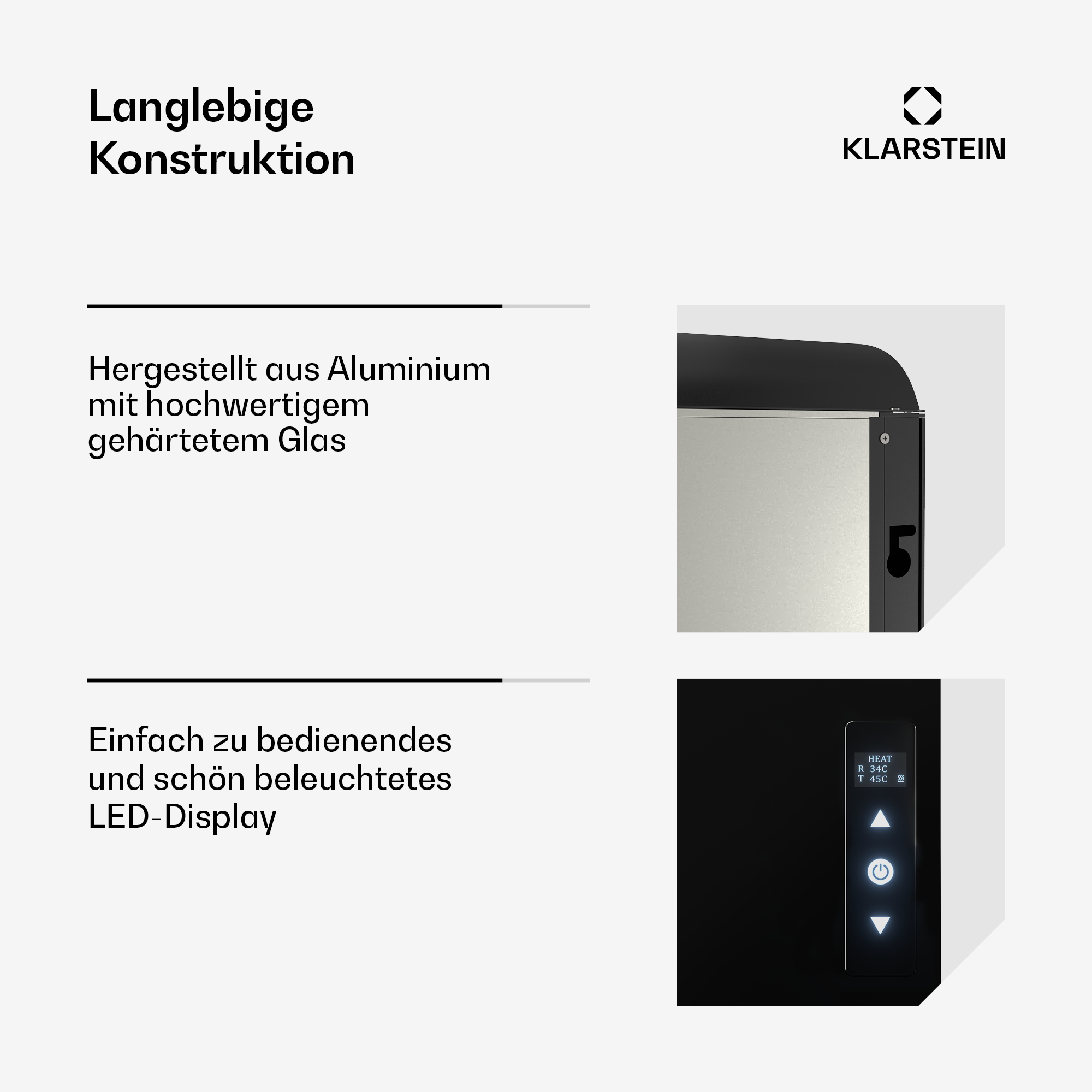 Nahaufnahme eines schwarzen Elektrokamins mit Textbeschreibungen und einer Teilezeichnung.