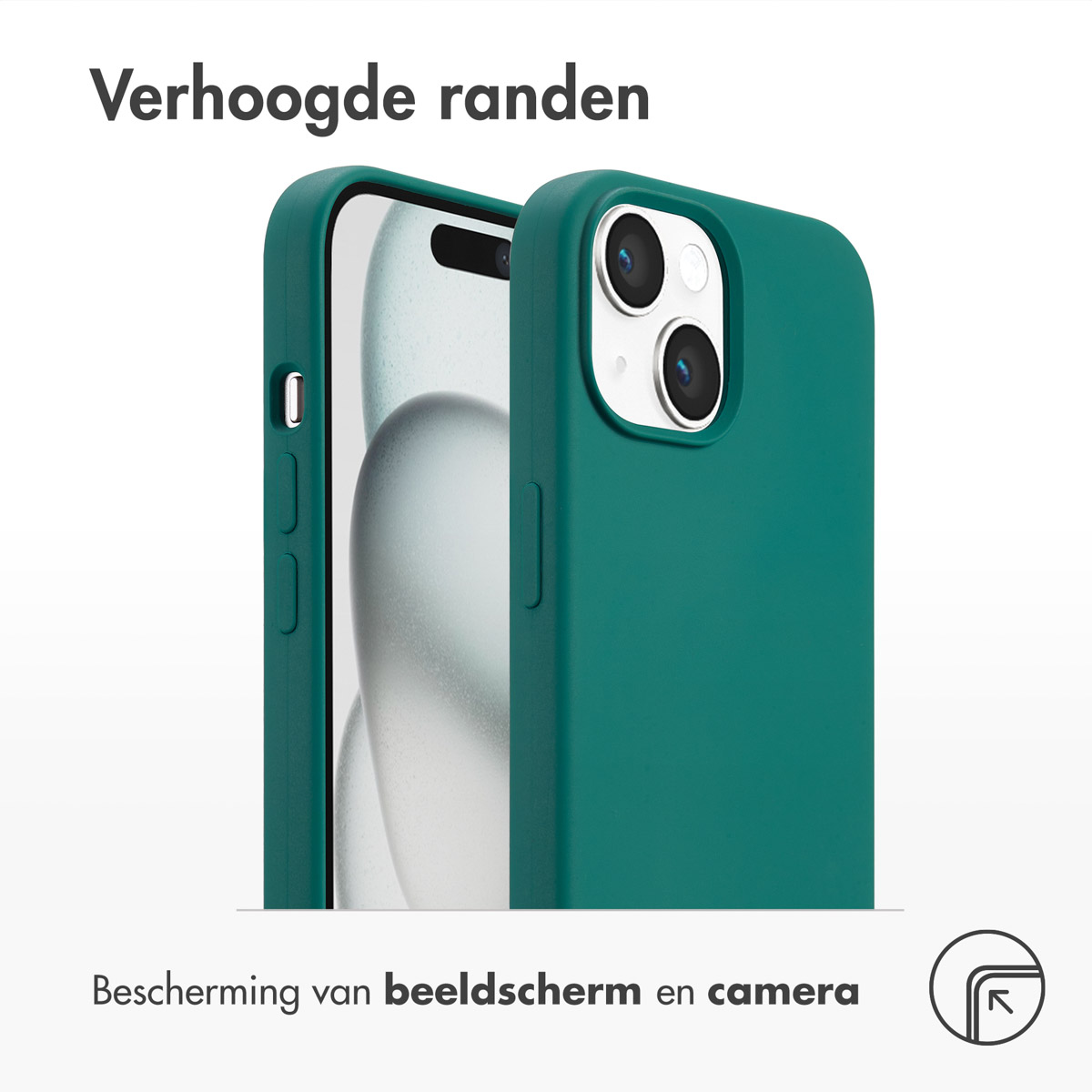 Groene telefoonhoes, met telefoon erin, toont het scherm. Tekst: 'Verhoogde randen'.