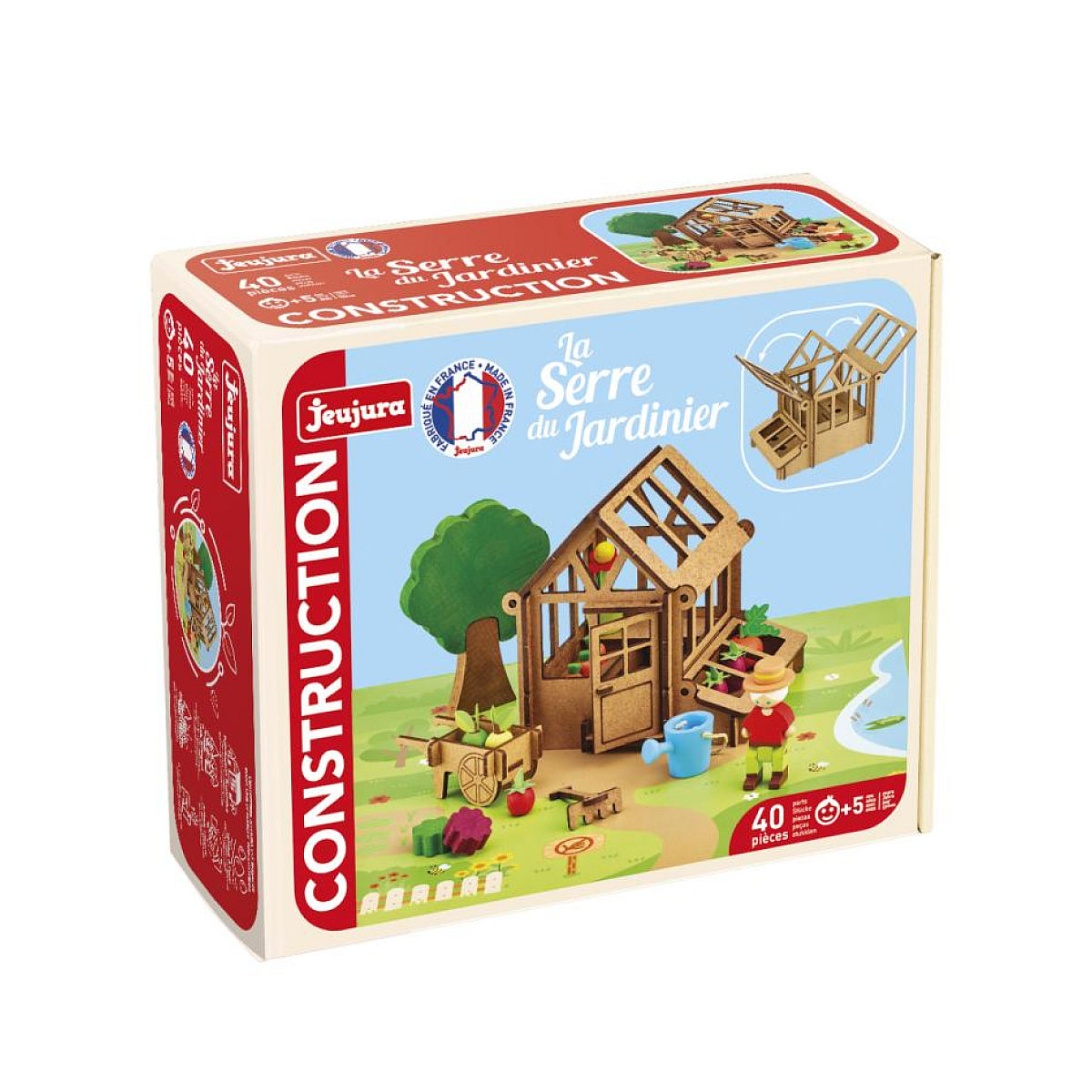 Una scatola di un set di costruzioni giocattolo, intitolata 'La Serre du Jardinier'.