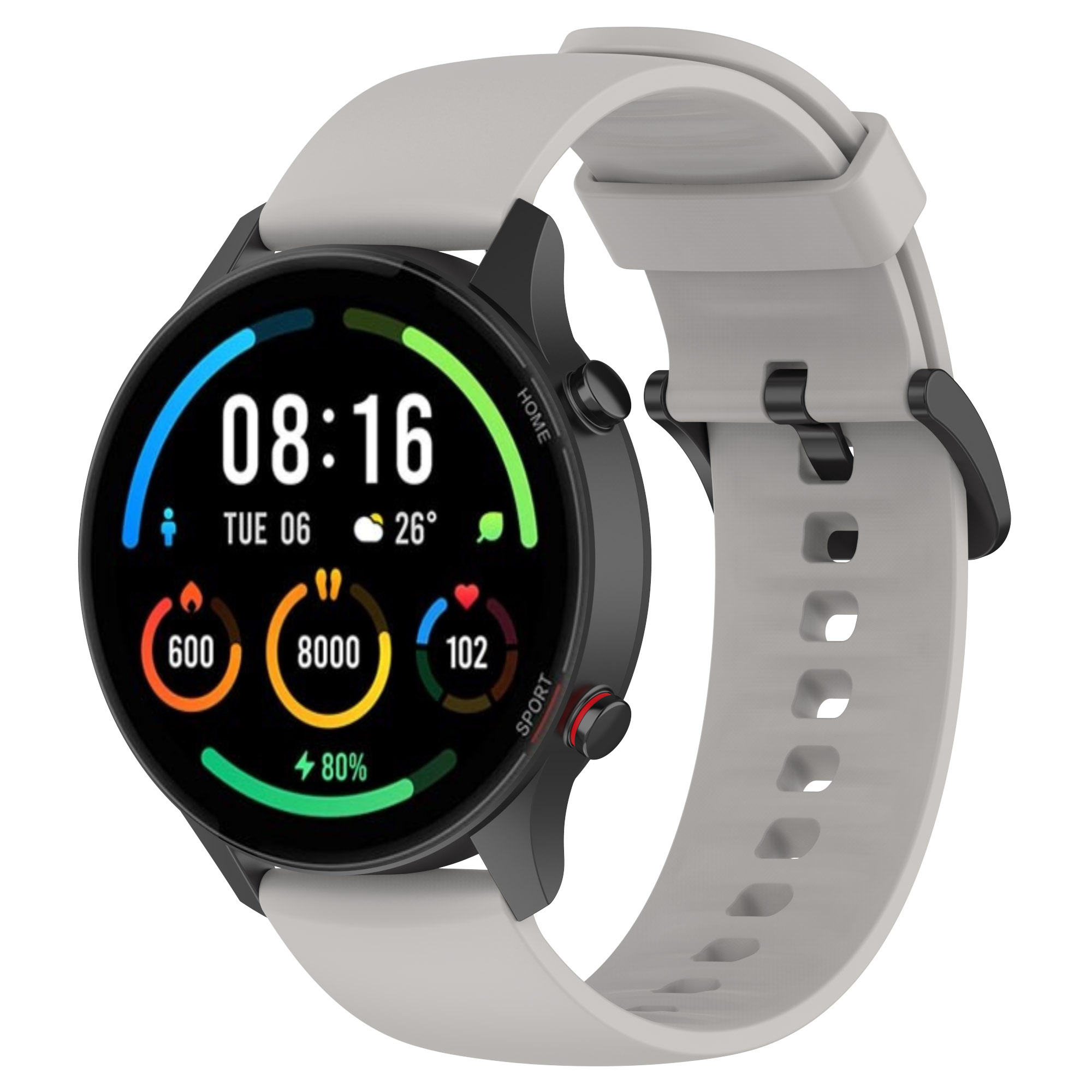 Smartwatch z jasnoszarym paskiem i czarną tarczą wyświetlającą dane.