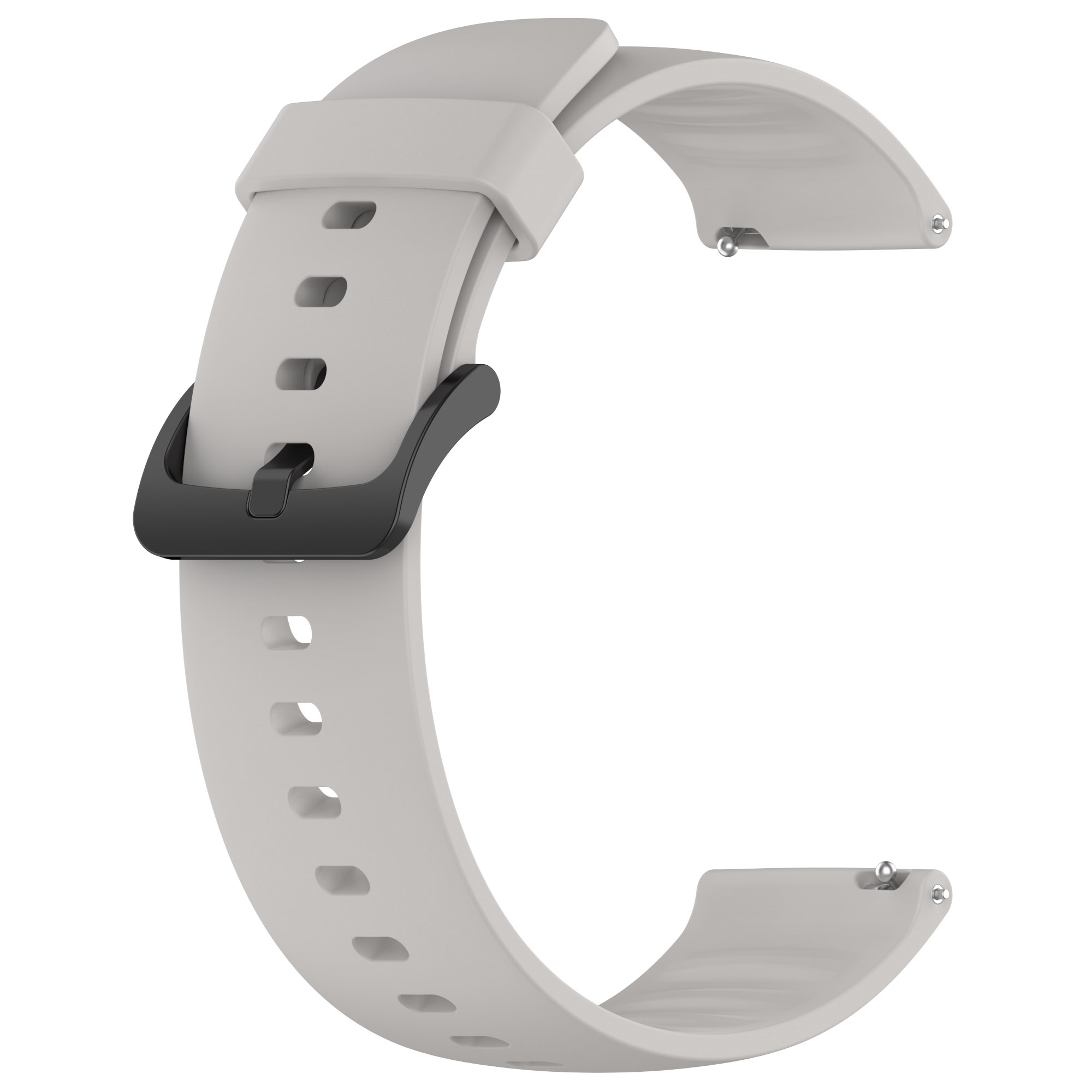 Szary pasek do zegarka z czarną klamrą leży na białym tle, ujęcie z góry.