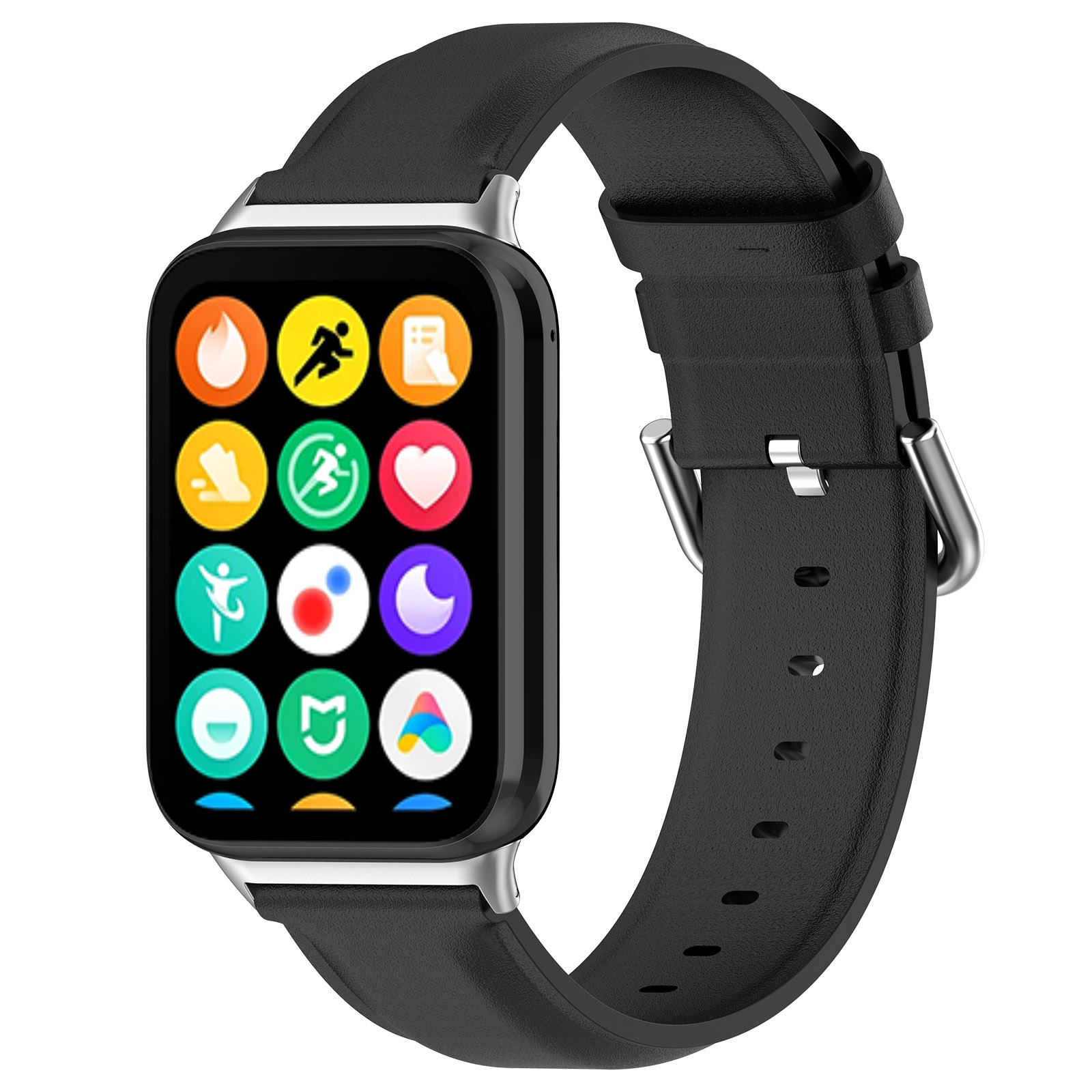 Czarny smartwatch z wieloma ikonami aplikacji na ekranie. Czarny pasek. Srebrna ramka. Białe tło.