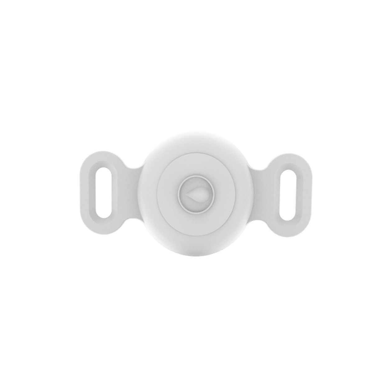 Dispositivo circolare bianco con due fori per cinturino. Ha un pulsante centrale.