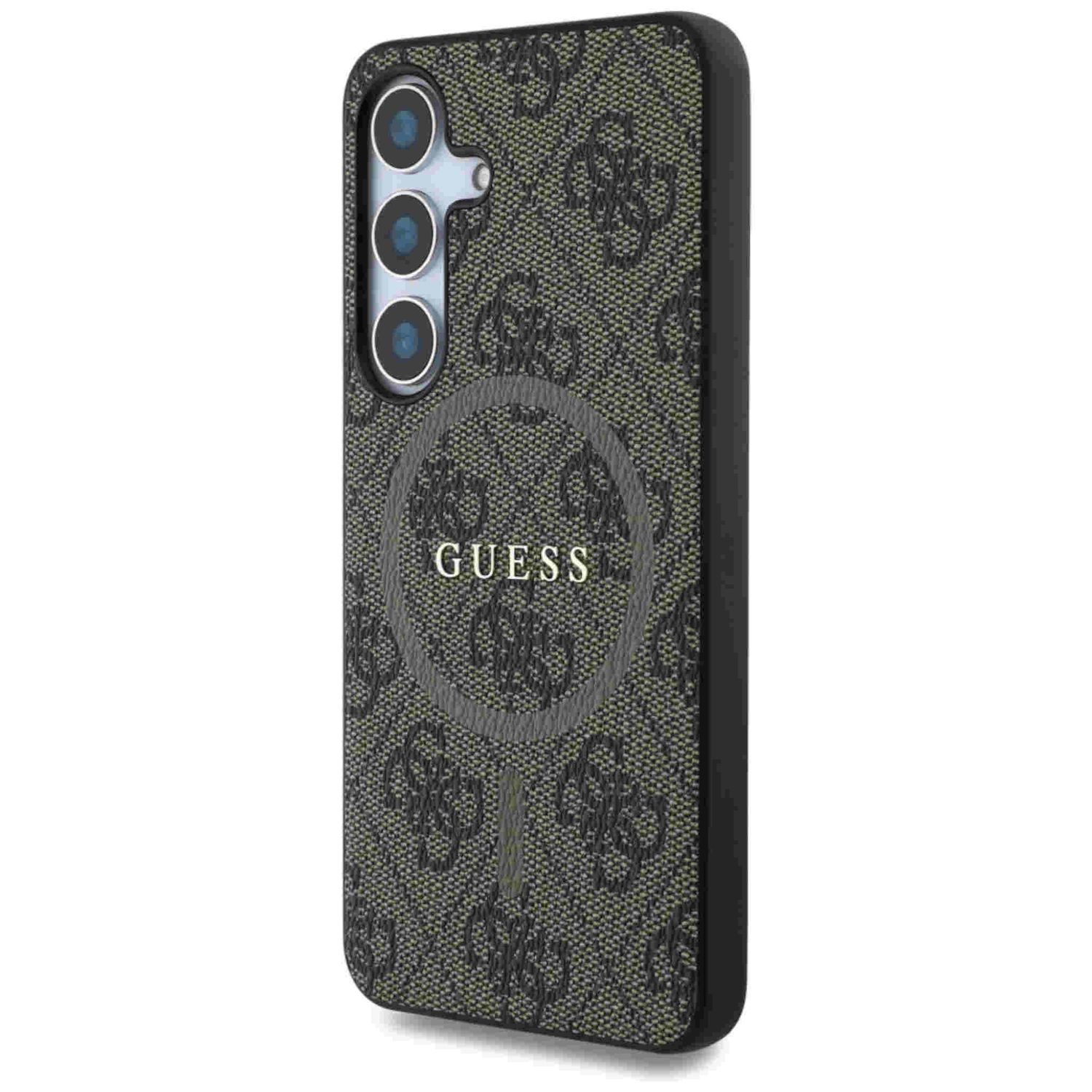 Etui na telefon ze wzorem logo GUESS i telefonem po lewej stronie.