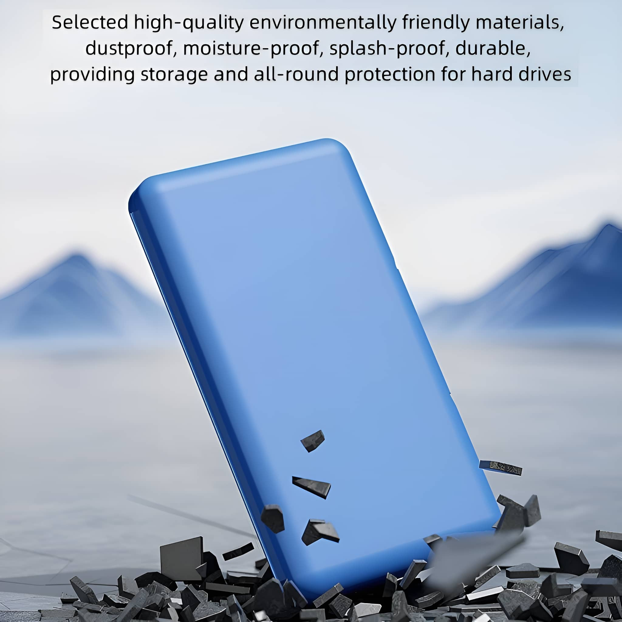 Blaue Festplatte fällt auf schwarzen Schutt. Text: Ausgewählte hochwertige Materialien, staubdicht, feuchtigkeitsbeständig, langlebig.
