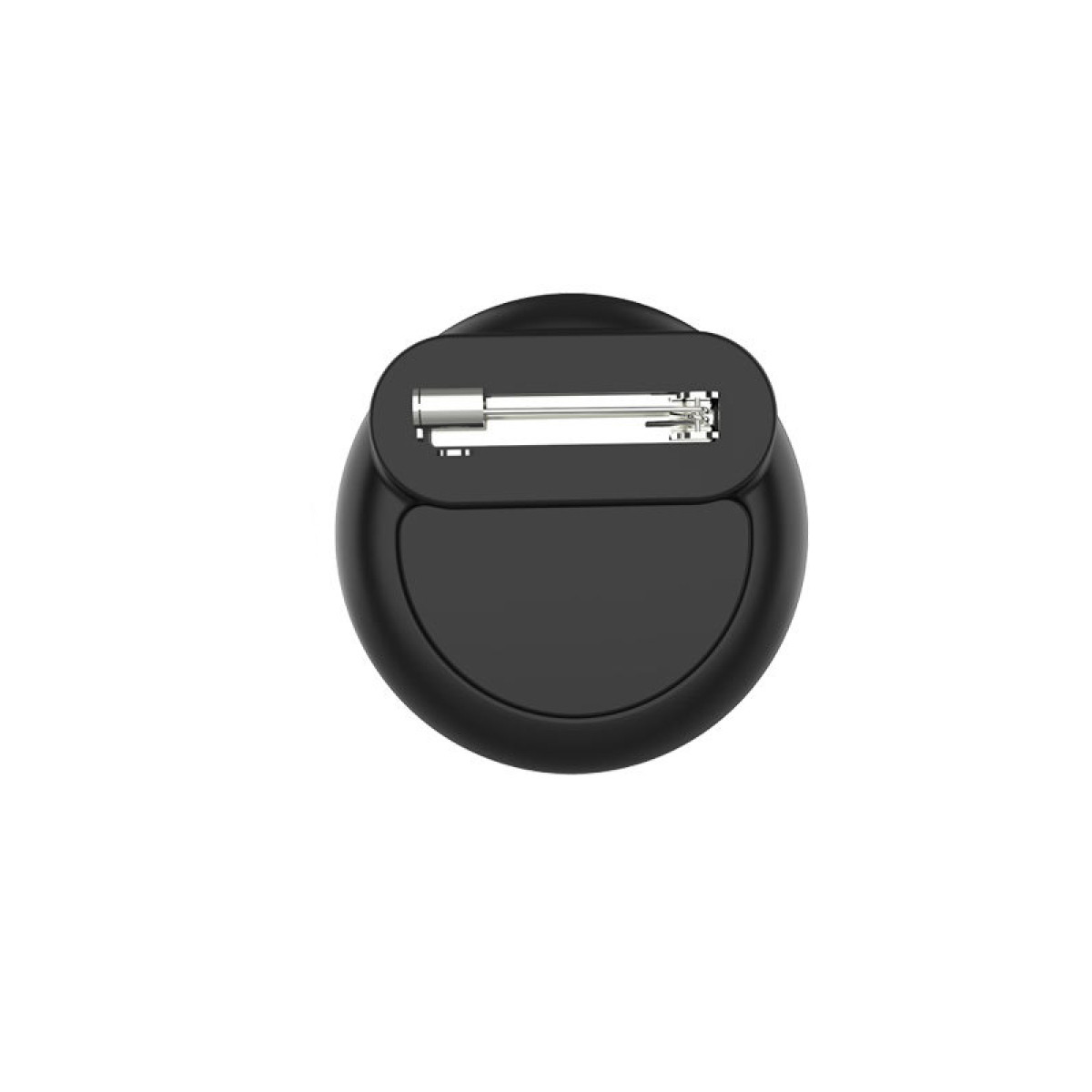 Schwarzer Ansteckbutton mit silberner Nadel. Einfaches Design, zentriert auf weißem Hintergrund.