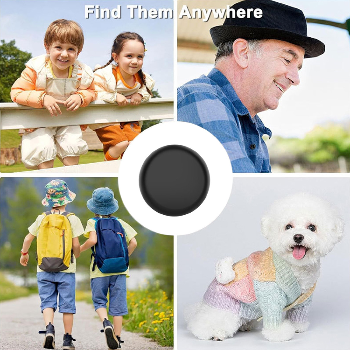 Collage von Personen und einem Hund mit schwarzem, kreisförmigem Anhänger. Der Anhänger ist auch isoliert.