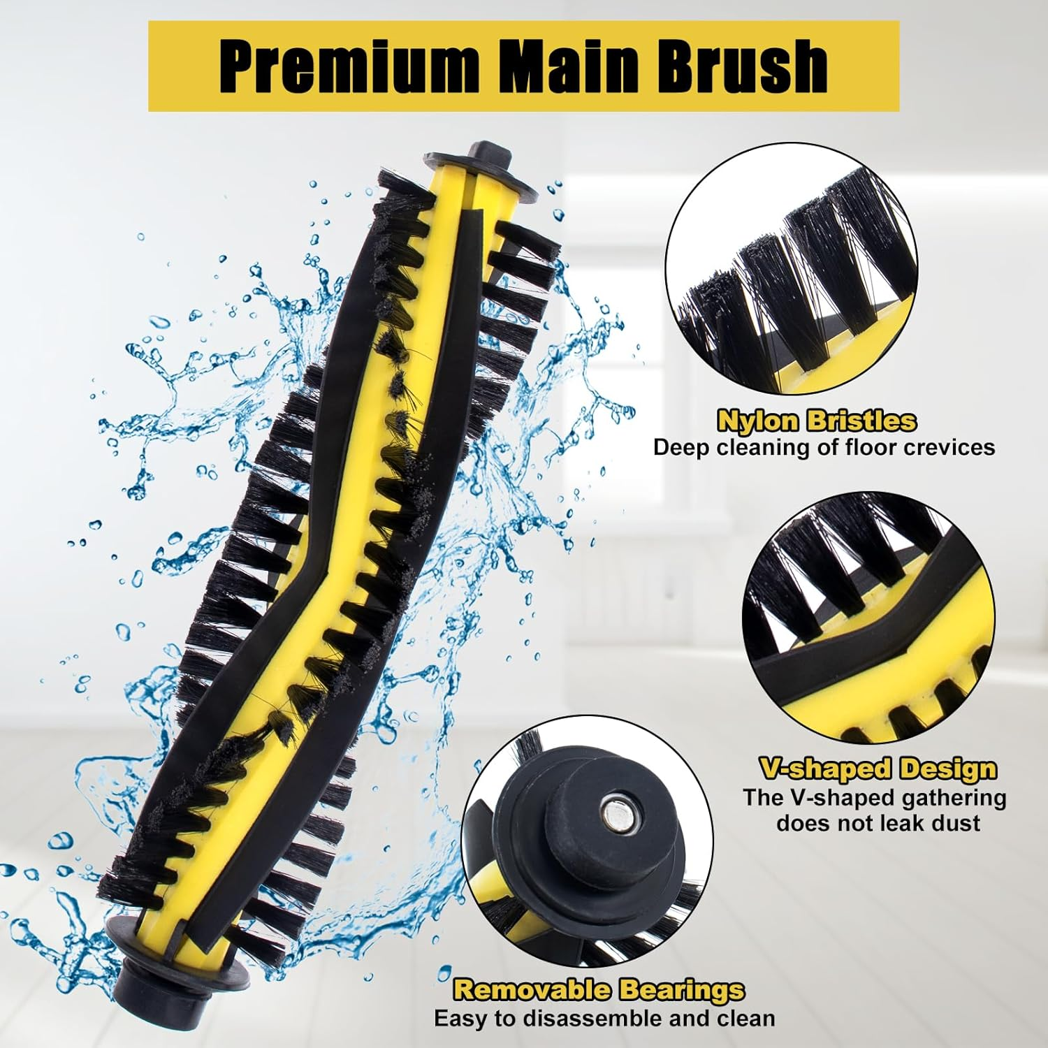 Głowica szczotki do odkurzacza z czarnym i żółtym włosiem i konstrukcją w kształcie litery V.