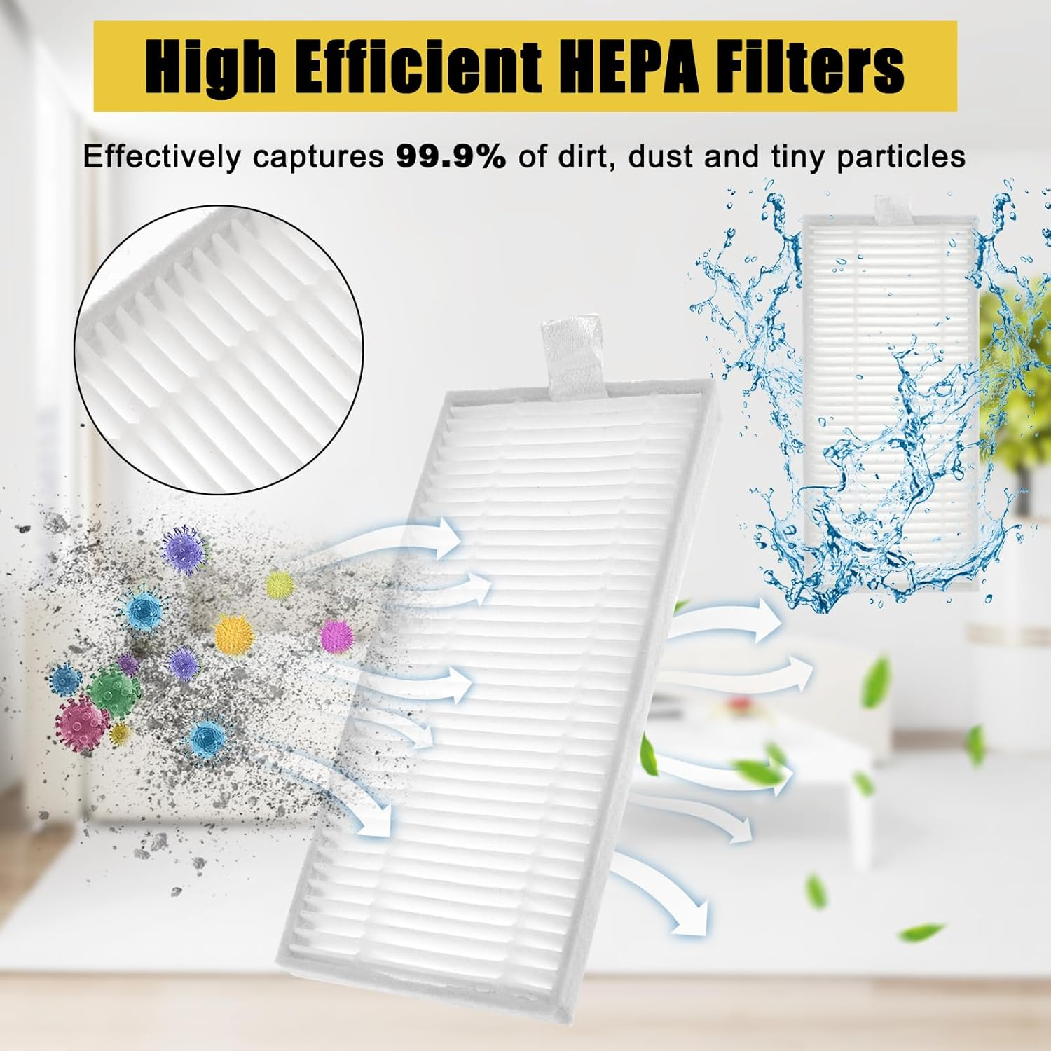 Biały filtr HEPA z bliska, pokazujący cząsteczki brudu i kurzu oraz rozpryski wody, ze strzałkami.