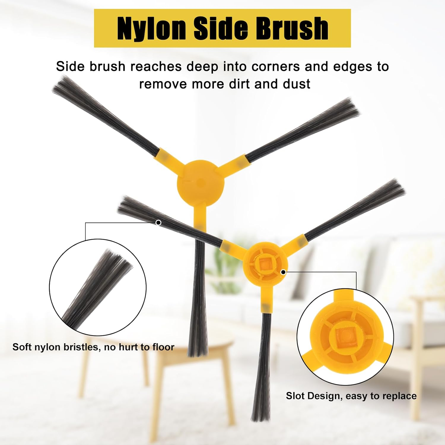 Żółte szczotki boczne z nylonu do odkurzacza. Obecny jest również tekst i zbliżenia.