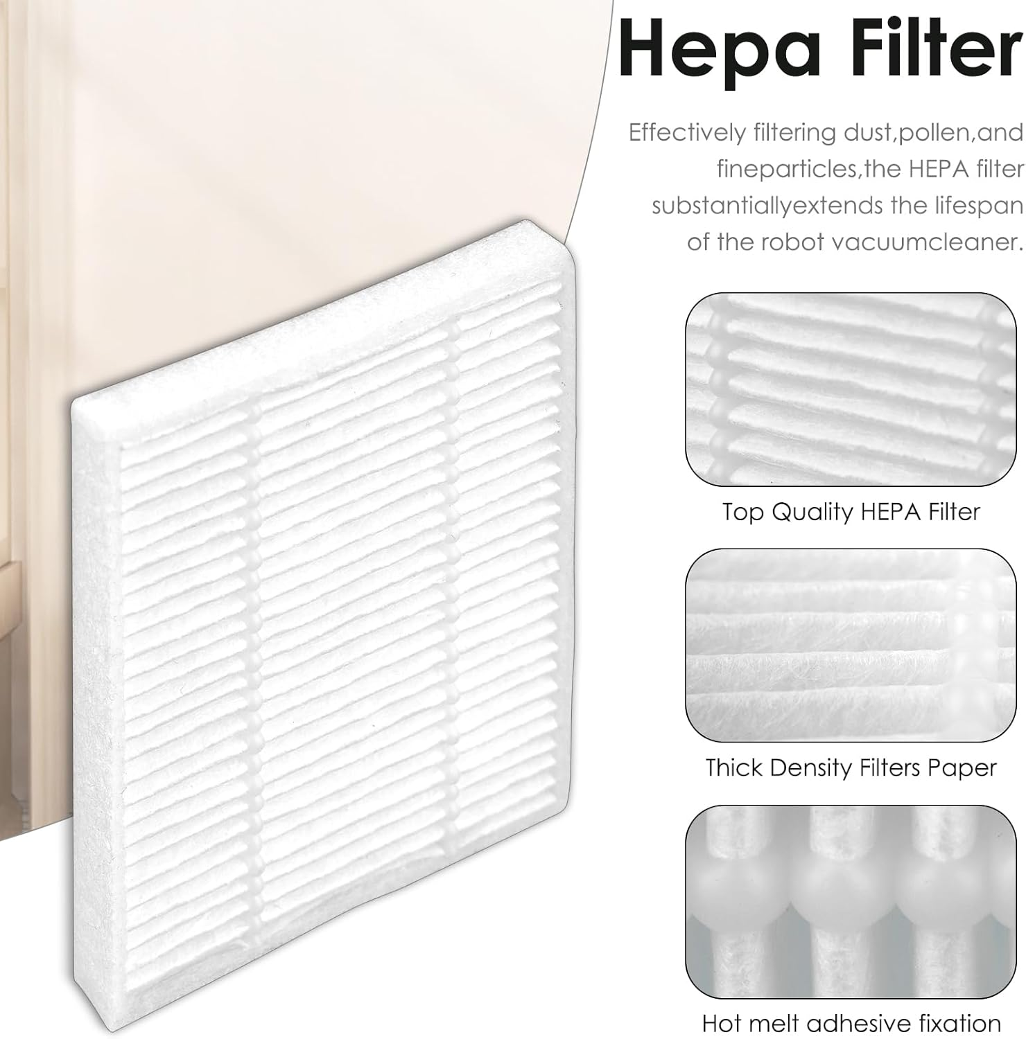 Biały filtr HEPA do odkurzacza, ze zbliżeniami warstw filtra.