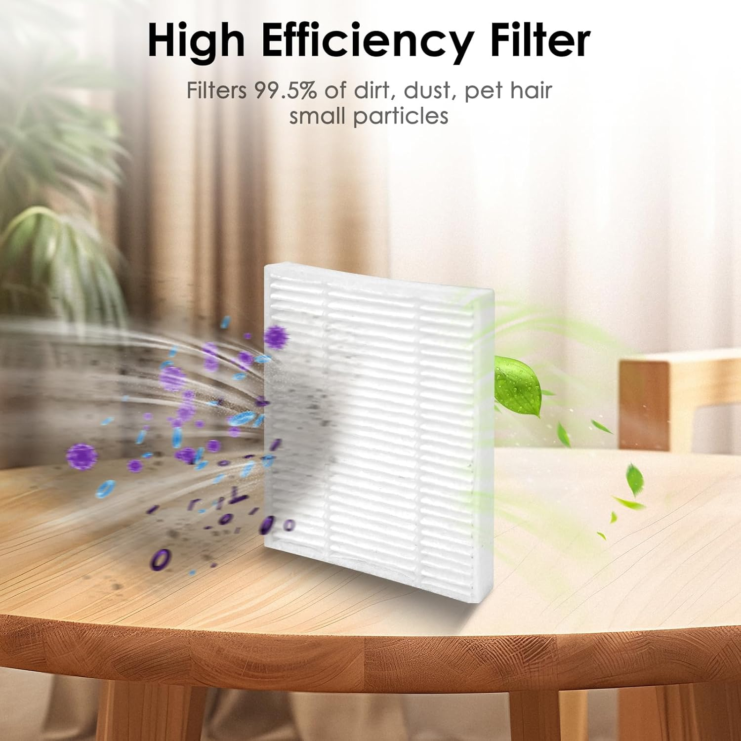 Filtr powietrza, z filtrowanymi cząsteczkami i nakładką tekstową.