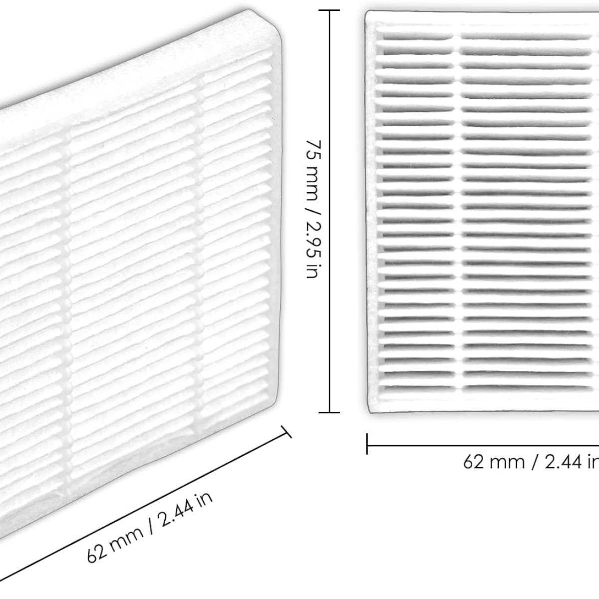 Dwa białe prostokątne filtry powietrza z wymiarami na białym tle.