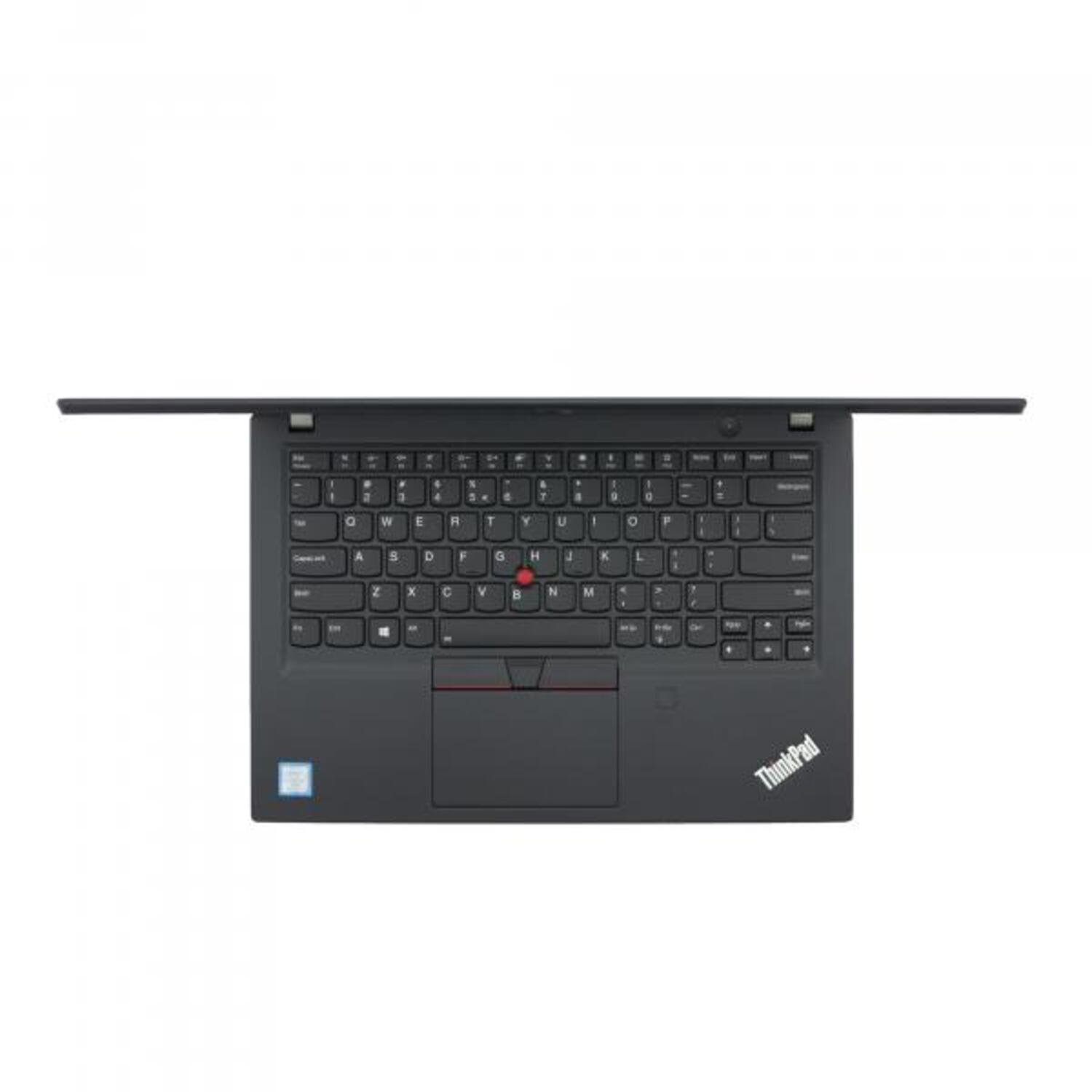 Ein schwarzes ThinkPad-Laptop, Draufsicht, offen mit Tastatur und Touchpad.