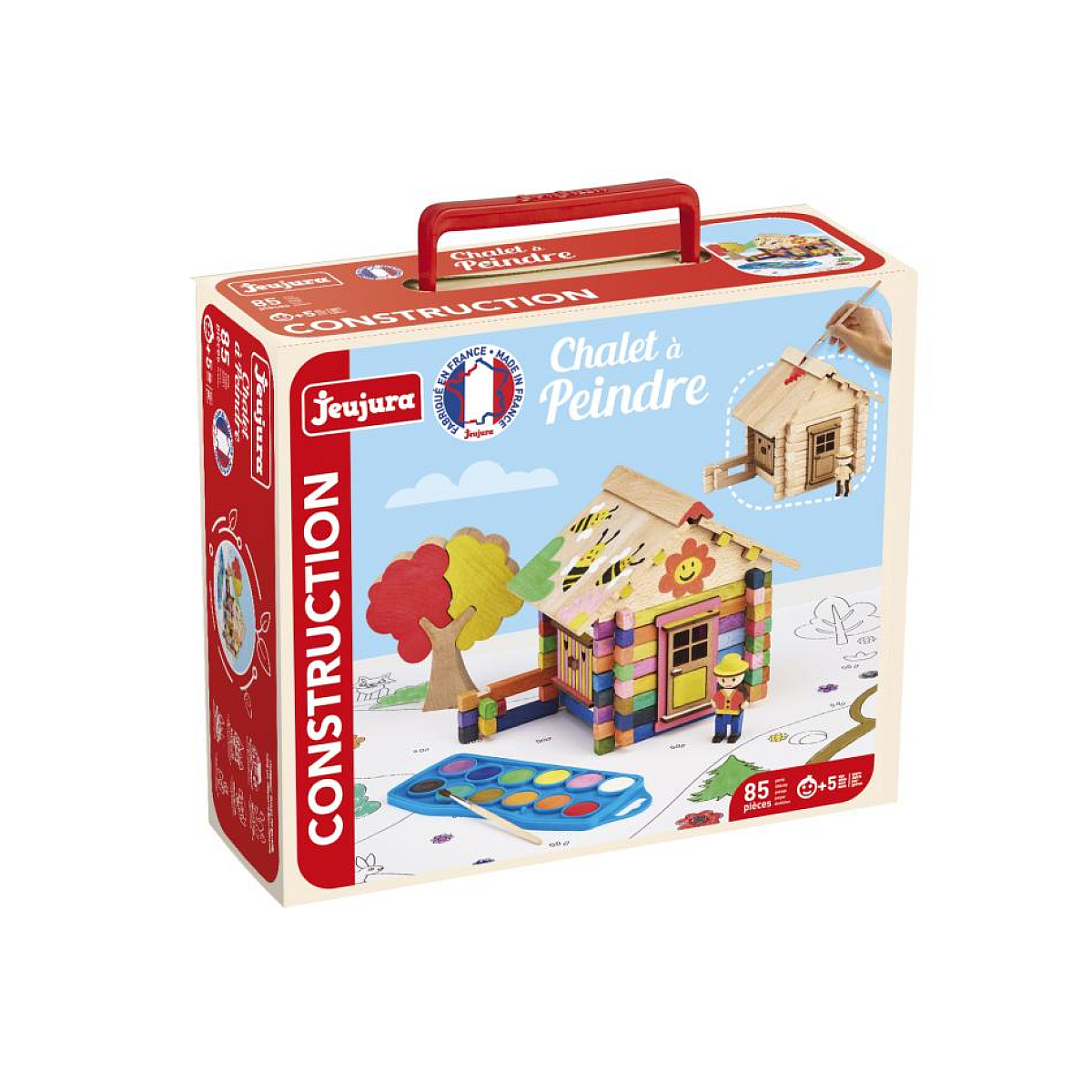 Scatola per kit di costruzione giocattolo con illustrazione della casa su bianco.