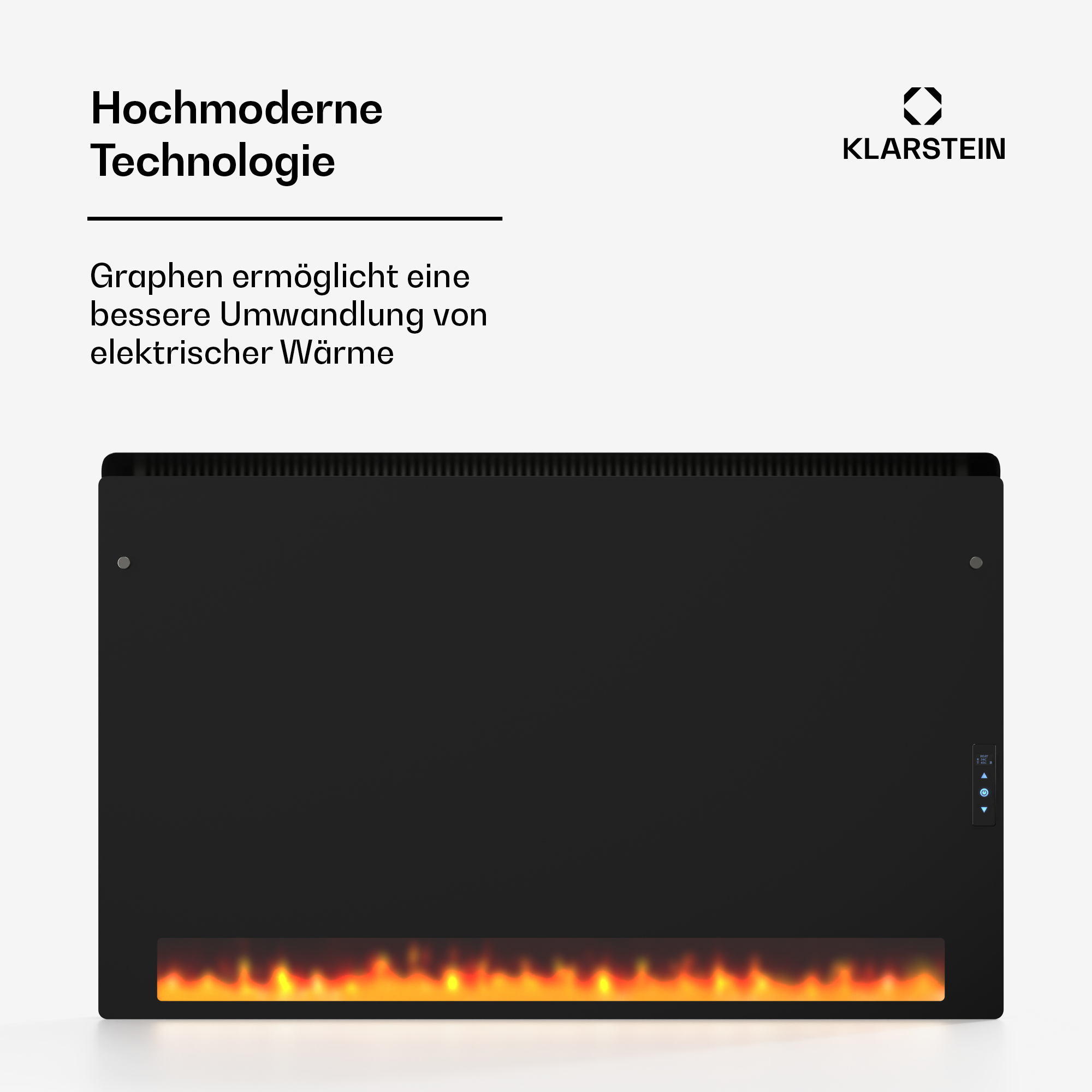 Schwarzer Elektrokamin mit orangefarbenem Flammeneffekt. Text oben links.