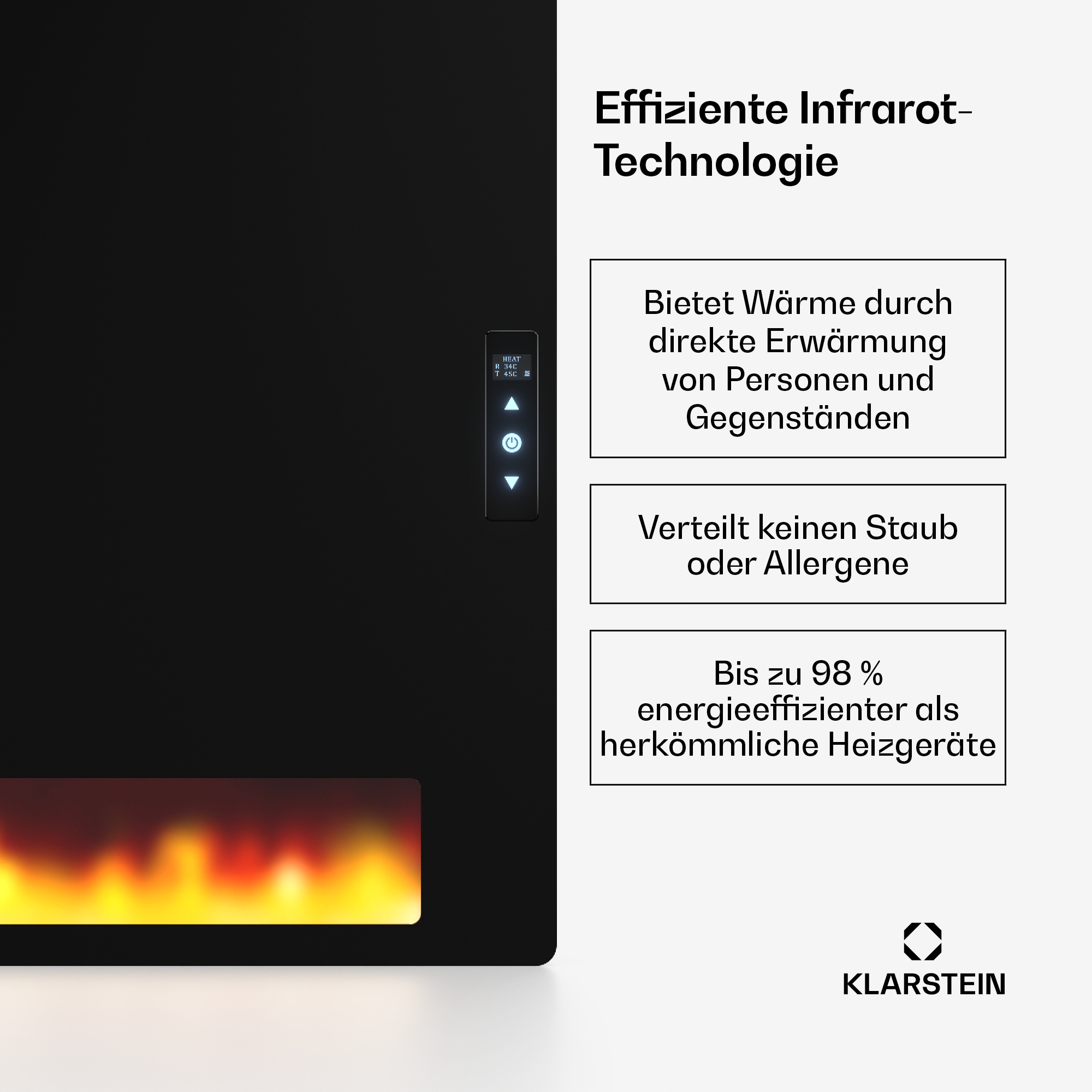 Schwarzer Elektroheizer mit Text über Wärmetechnik. Feuerbild unten.