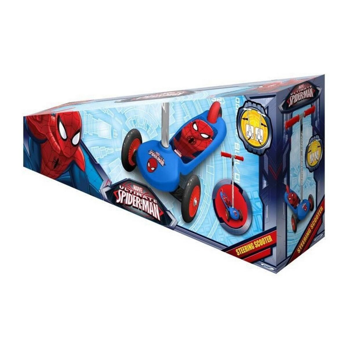 Ein Spider-Man-Roller in einer Box mit einem Spider-Man-Bild und Logos auf weißem Hintergrund.