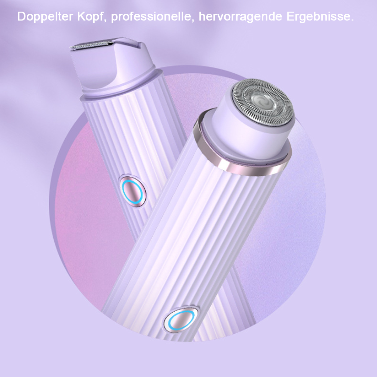 Zwei elektrische Rasierer, schräg, mit lila und pinkfarbenem Hintergrund.