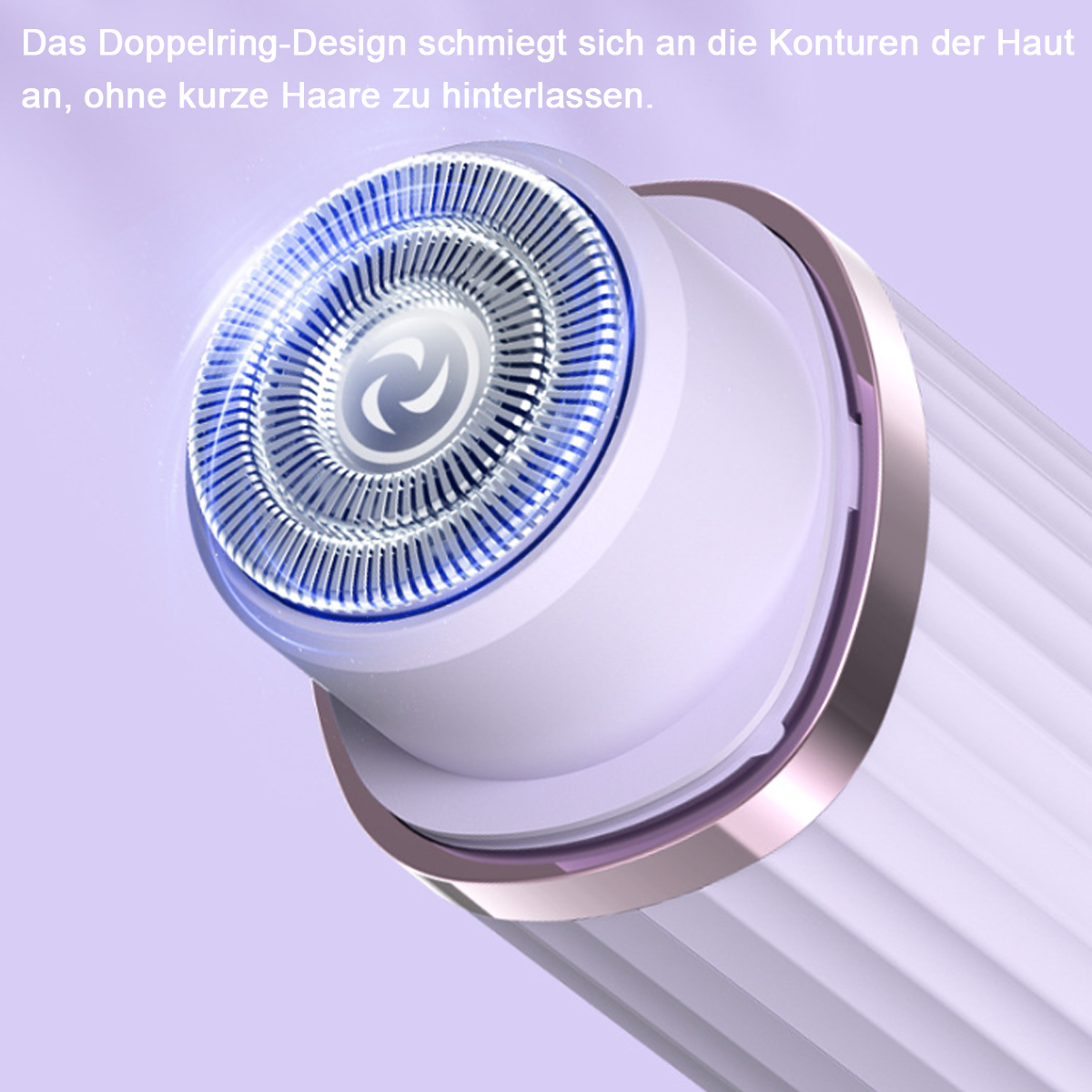 Nahaufnahme eines elektrischen Rasiererkopfes mit blauem Licht, vor lila Hintergrund.