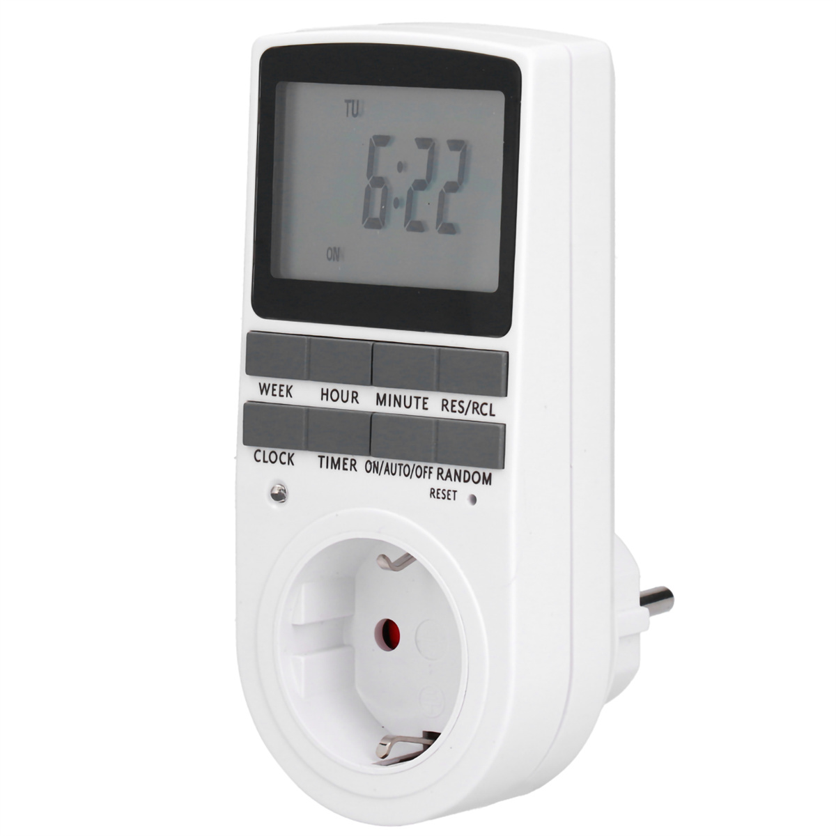 Weißer digitaler Timer mit Steckdose, zeigt die Uhrzeit 6:22.