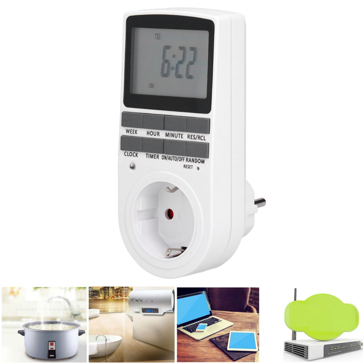 Weißer digitaler Timer, verschiedene Geräte im Hintergrund: Reiskocher, Warmwasserbereiter, Laptop, Router.