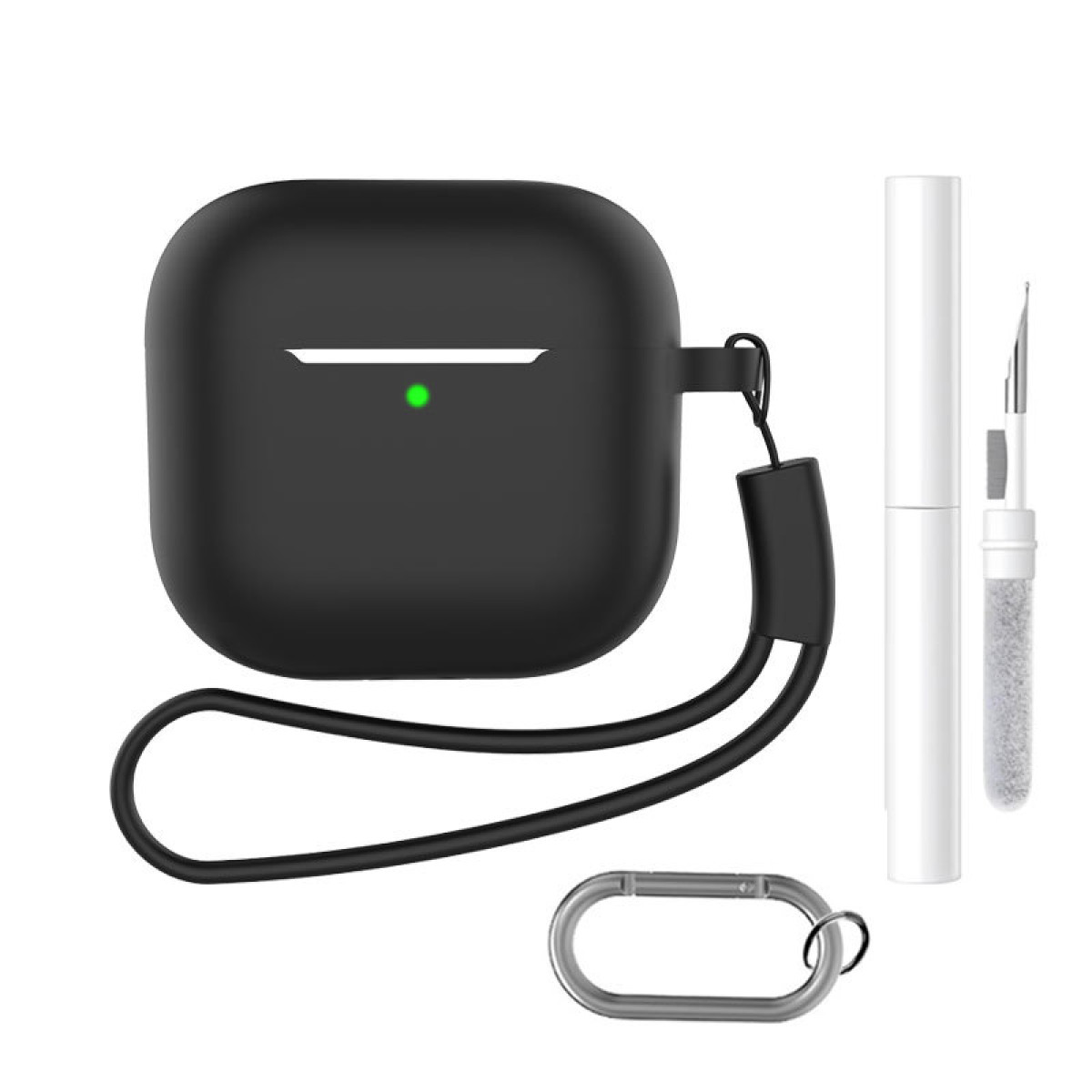 Schwarzes AirPod-Etui mit grünem Licht, Riemen, Karabiner und Reinigungswerkzeugen.
