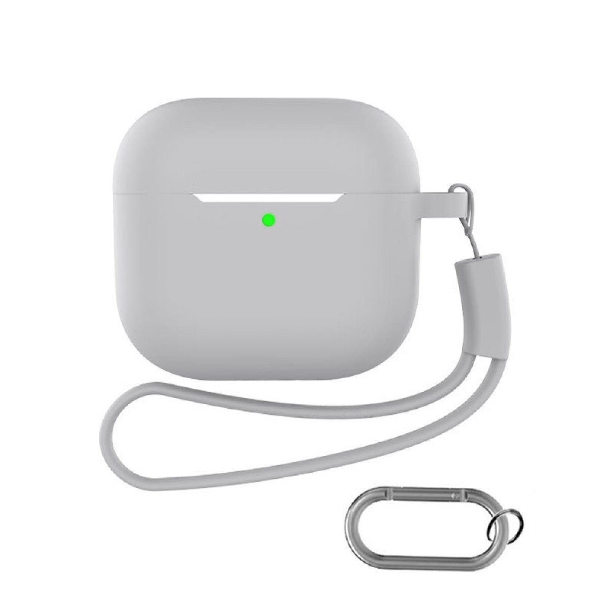Eine weiße AirPod-Hülle mit Licht. Ein Karabiner und ein Riemen sind befestigt. Auf weißer Oberfläche.