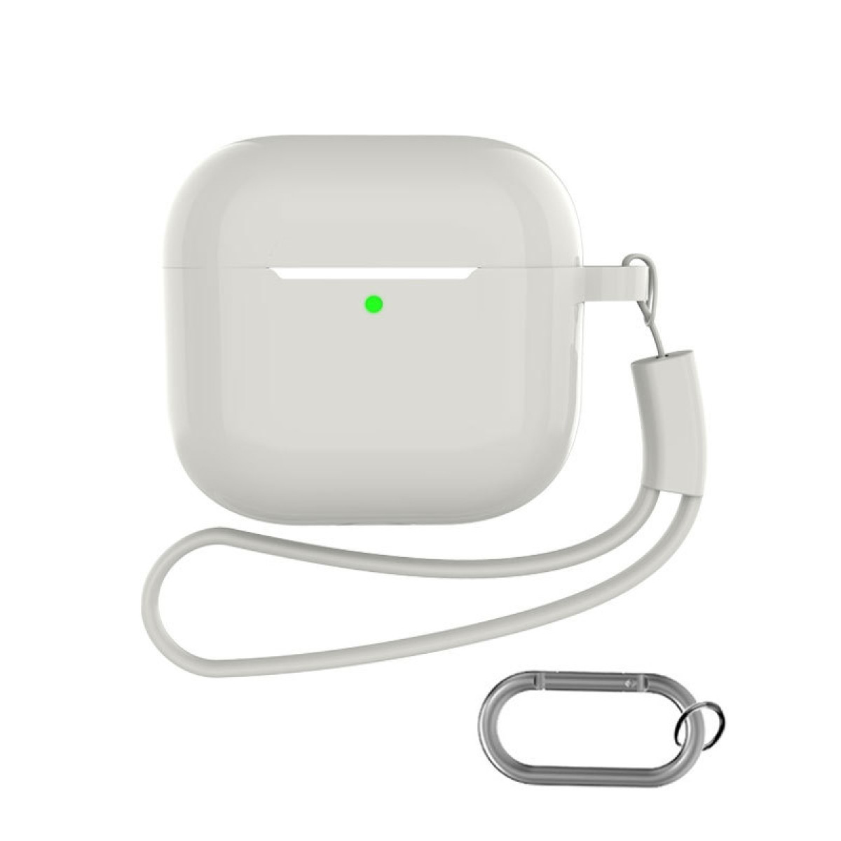 Weißes AirPods-Etui mit Riemen und silbernem Karabinerhaken.