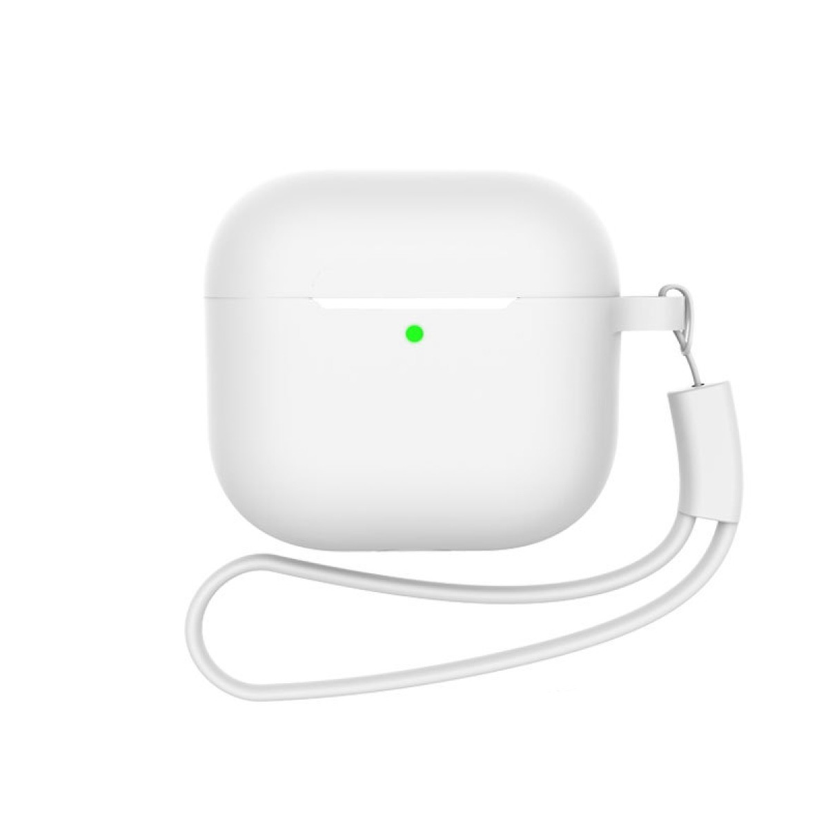 Weißes AirPods-Etui mit Riemen. Ein grünes Licht befindet sich an der Vorderseite.