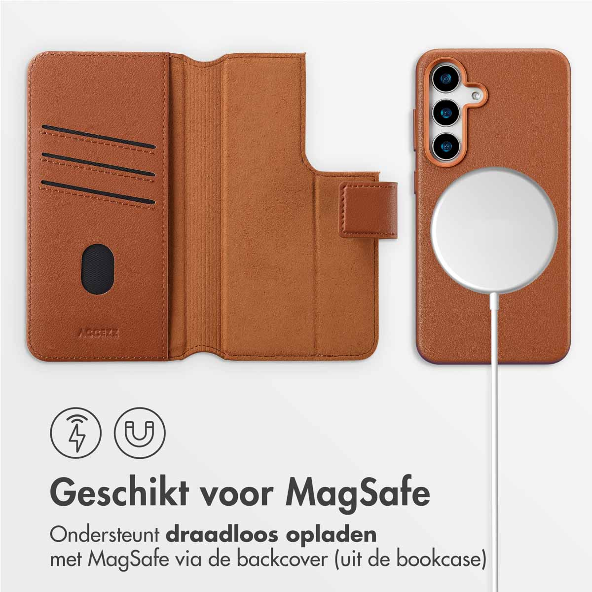 Custodia per telefono marrone con compatibilità MagSafe. Aperta, con telefono e scomparti per carte.