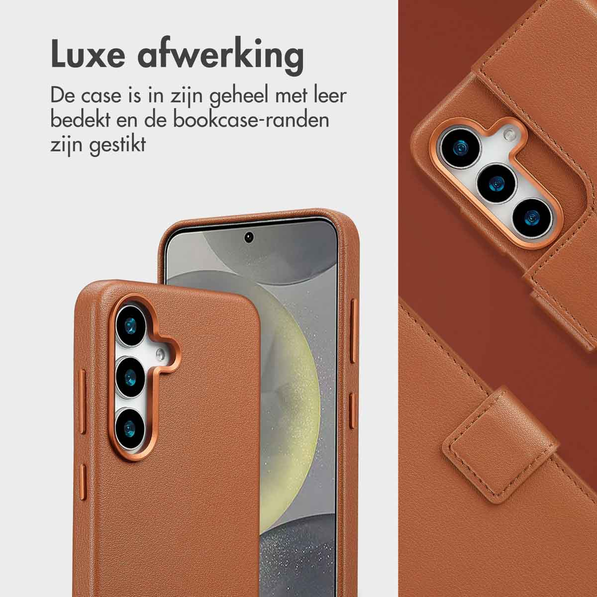 Close-up van een bruine telefoonhoes met ledertextuur.