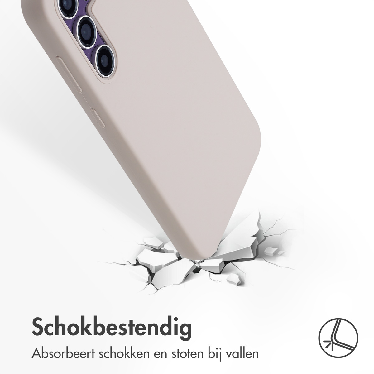 Beige telefoonhoes, telefoon in een hoek, met tekst die schokbestendigheid aangeeft.