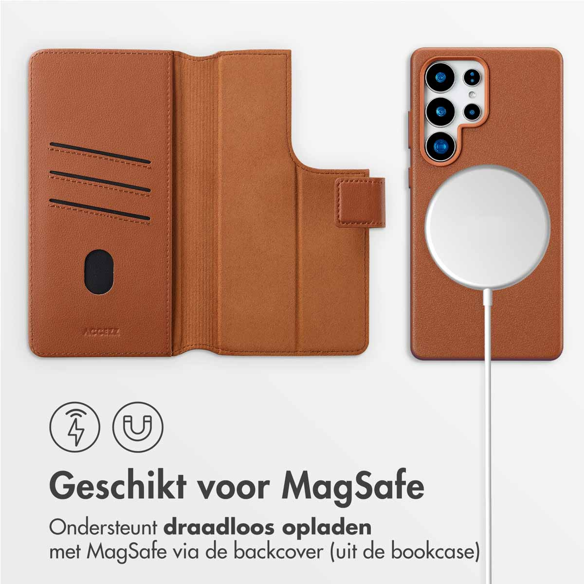 Custodia per telefono marrone, aperta, compatibile MagSafe, con base di ricarica e telefono.